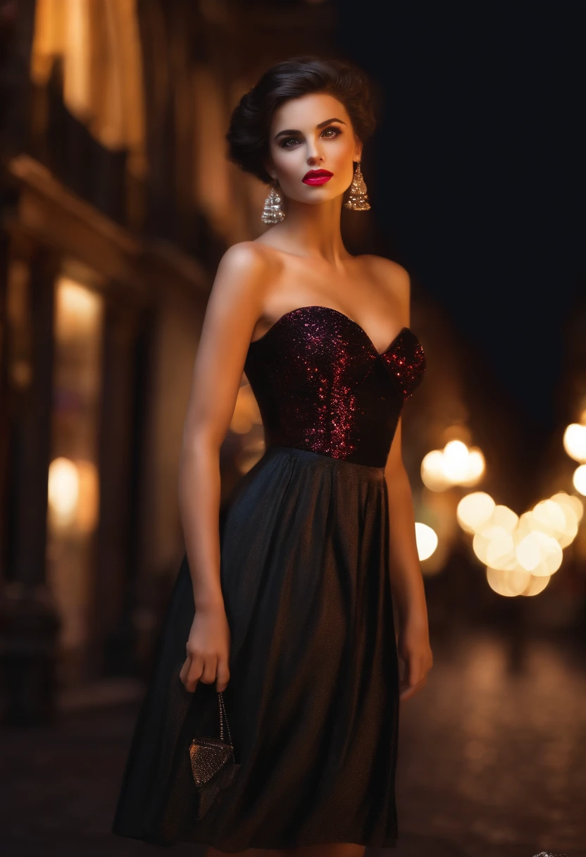 Mignonne jeune femme, cheveux noirs courts, yeux bruns, empress,Pleated skirt set,Les lampadaires,neon light,Lively street background,(nombril:1.1,Yeux de princesse), Nobles, Redevance, High quality, Masterpiece, highly detailed
