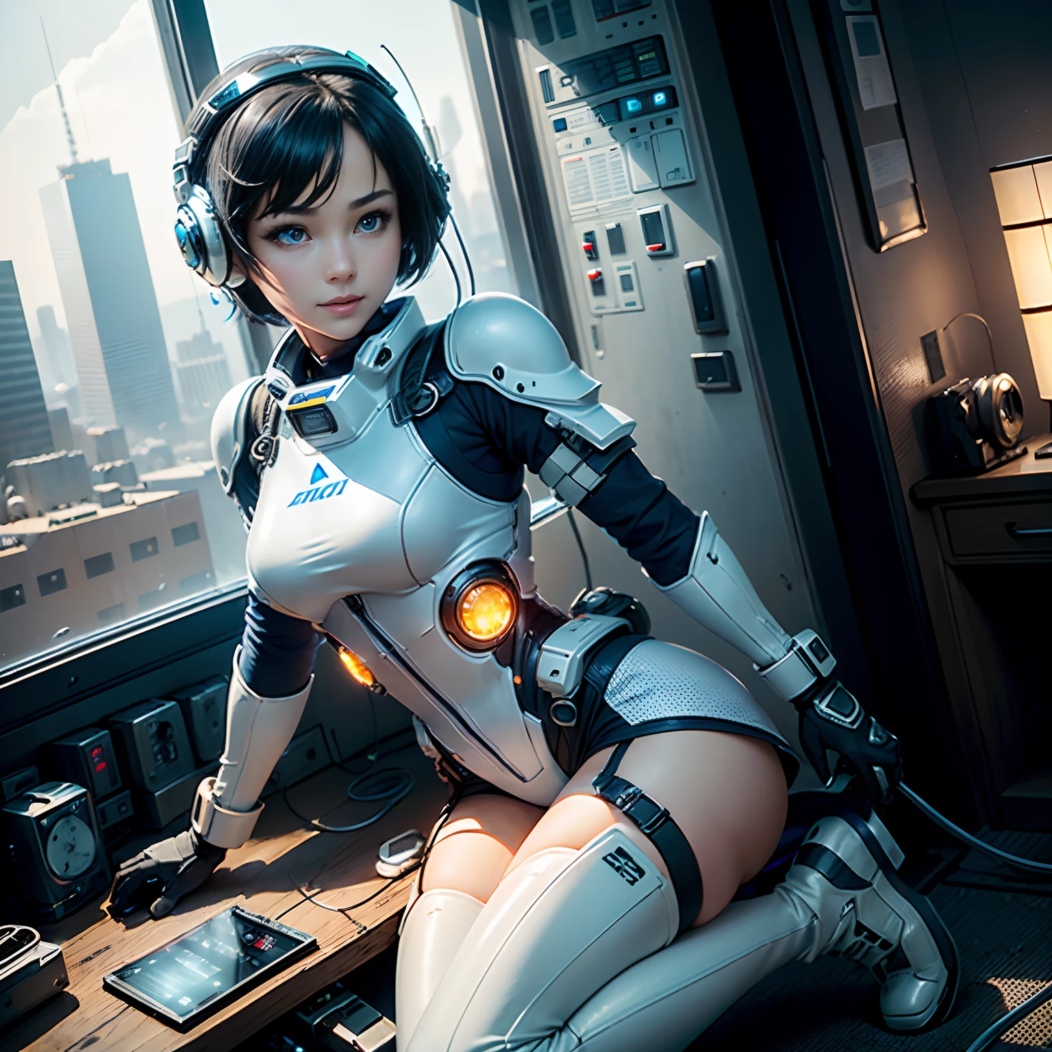 ((( a young woman, in space, tight-fitting futuristic space suit, (NSFW:1), full body, floating inside the ship, on all fours behind the viewer's back, butt raised, one hand on her pelvis, open legs, overhead light on small breasts:0.8), cute face, Science-Fiction, dystopic, detailed eyes, blue eyes