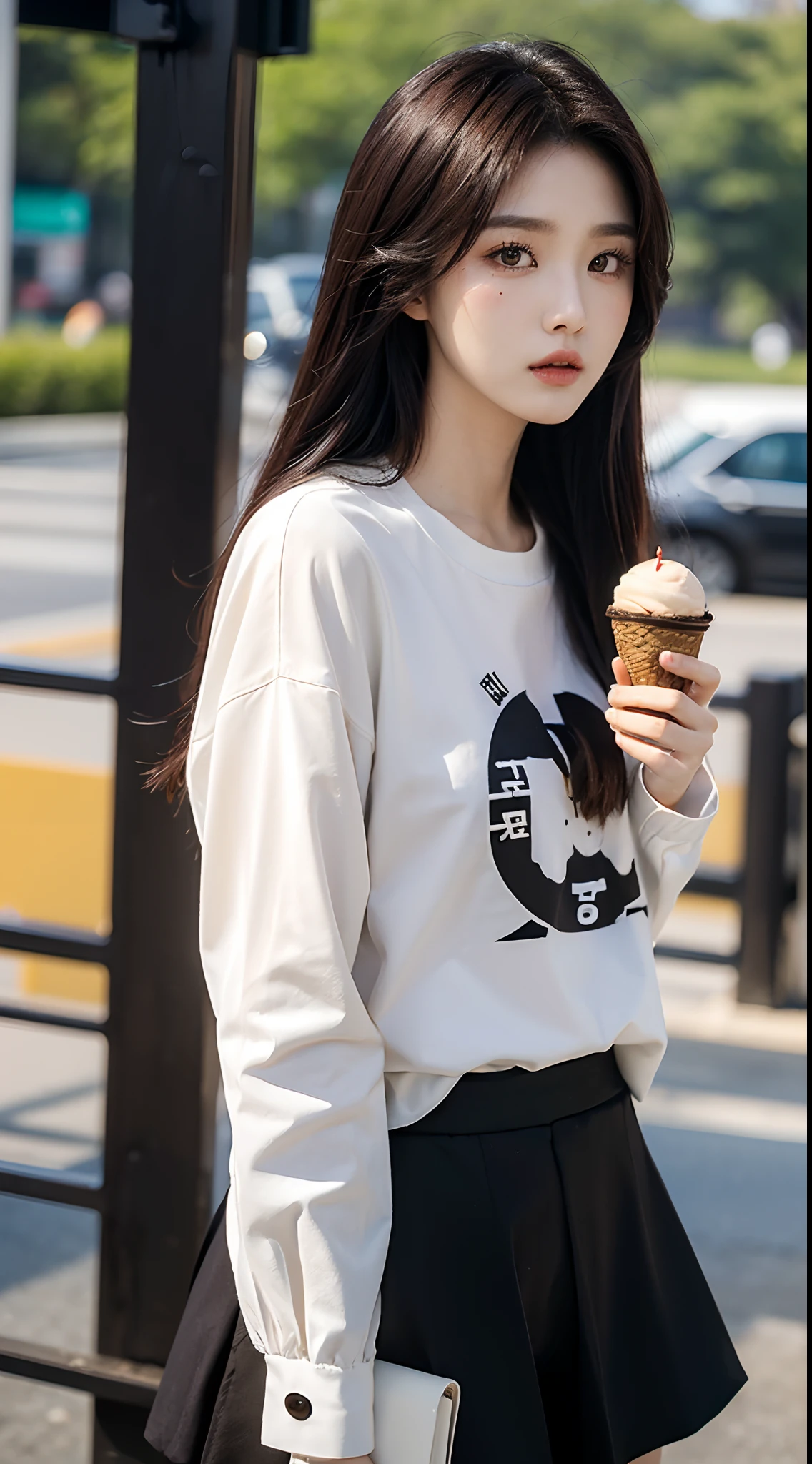 masterpiece、top-quality)、1 beutiful girl、Slim body、((Black and white plain clothes:1.1))、(Detailed beautiful eyes)、In the Han River、Face similar to Chaewon in Le Selefim、((Boyish Brown Medium Hair))、((Smaller face))、((Neutral face))、((Light brown eyes))、((Korean Girl))、((18year old))、((cool lady))、((Embarrassed expression))、((Korean Makeup))、((elongated and sharp eyes))、((Happy dating))、((boyish))、((She is walking in front of the viewer))、((Holding ice cream in hand))、((Looking Up))、((shot from a side angle))
