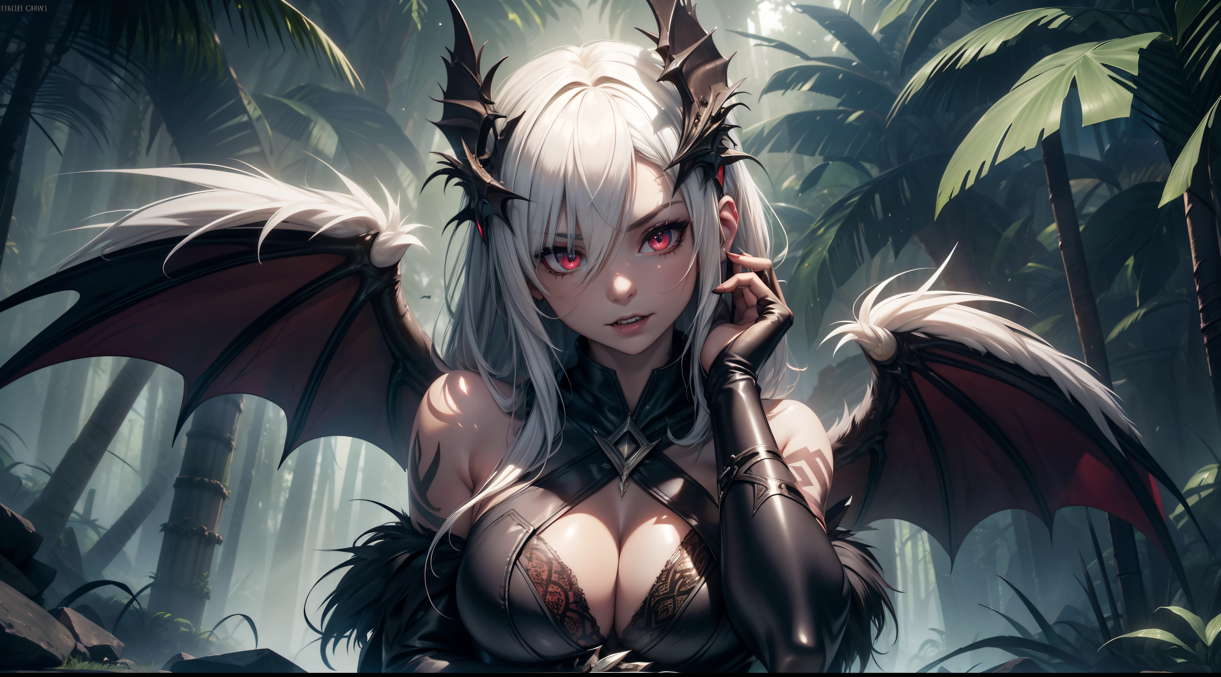 realistic photo of slaved (savage, tribal, jungle)_vampire with (white hair), bat fur, coat|wings, ((fangs)), colorful extremely_detailed_(tribal, jungle)_tight_(lacy, leather, fur, silk, satin, latex)_(clothing, skirt), high collar, detailed face, detailed beautiful shiny red eyes, slit pupils, (((seductive laying))), metallic reflections, ((tatooed, marked)_with_shining_runes)_fit_muscular_body, shiny skin, tropical city ruins fog, (((1girl))), portrait, (full body), natural breasts, medium length white hair, masterpiece, best quality, beautiful and aesthetic:1.2, fractal art:1.4, 16K, HDR, RTX, Ray Tracing, Radiosity, Anisotropic Filtering, Subsurface Scattering
