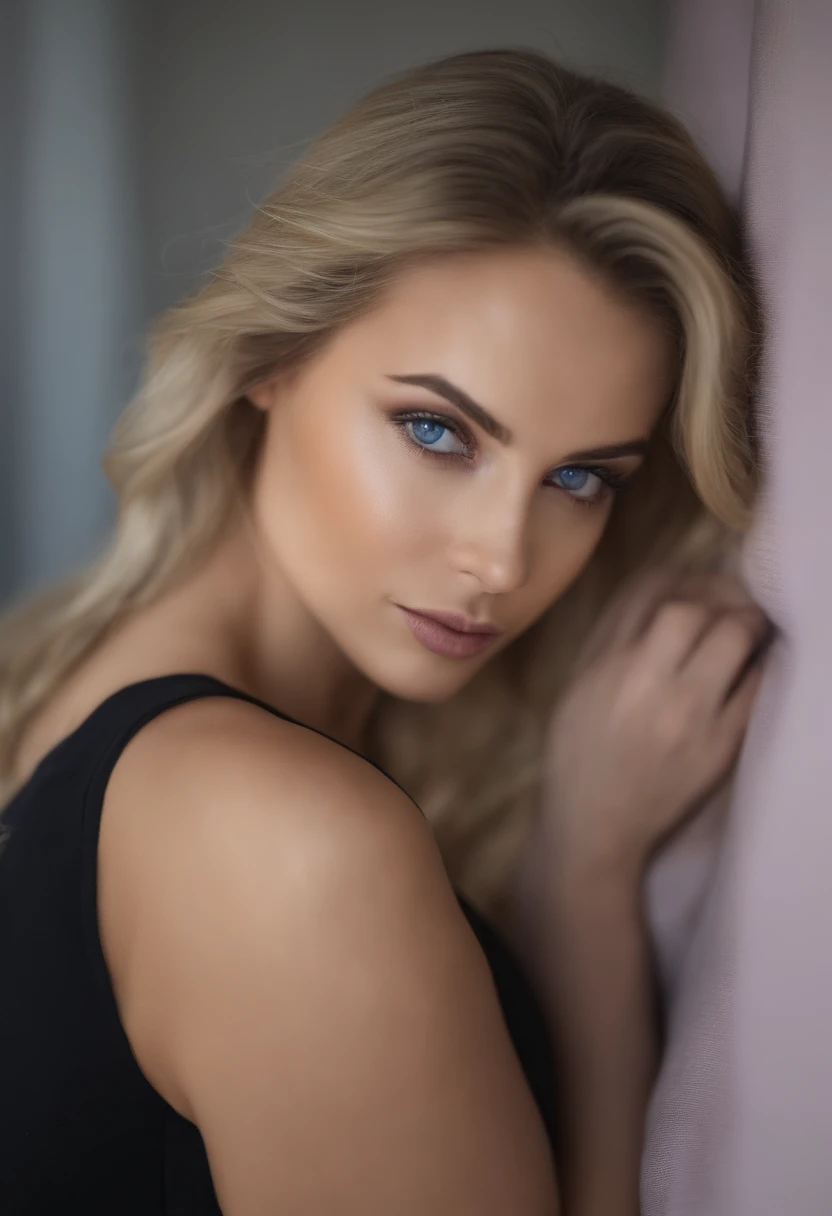 Arafed woman completely , fille sexy aux yeux bleus, ultra realist, Meticulously detailed, Portrait, cheveux blonds et grands yeux, selfie of a young woman, Yeux de chambre, Violet Myers, sans maquillage, maquillage naturel, looking straight at camera, Visage avec Artgram, Maquillage subtil, Great photo of the whole body kneeling on the bed, dans la chambre, Medium to large bust