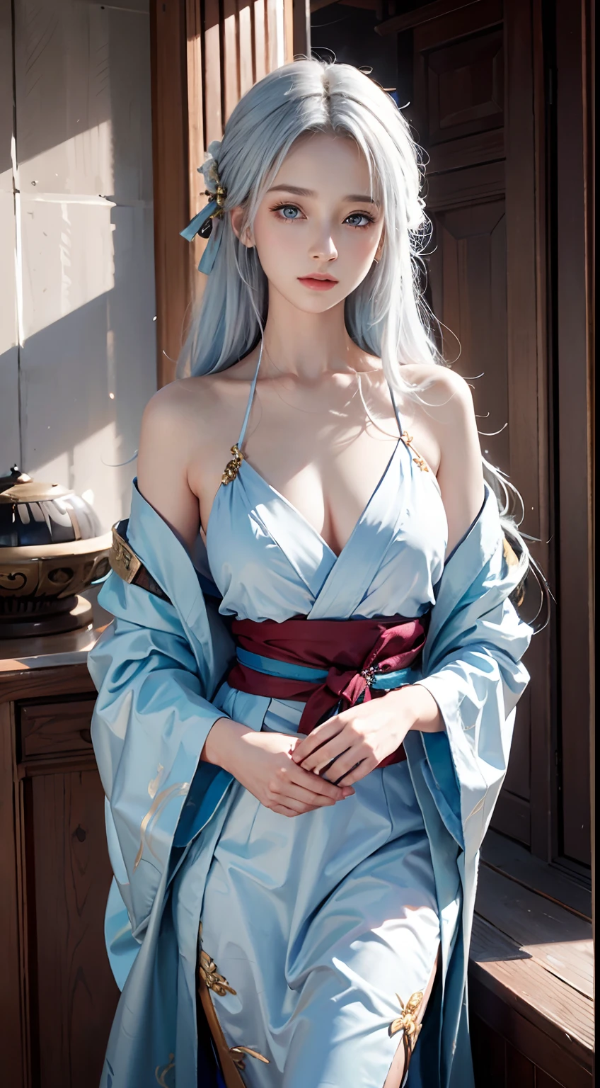 photorealistic, masterpiece, photorealistic, high resolution, soft light, waist up, blue eyes, white hair, long hair, kimono, open clothes