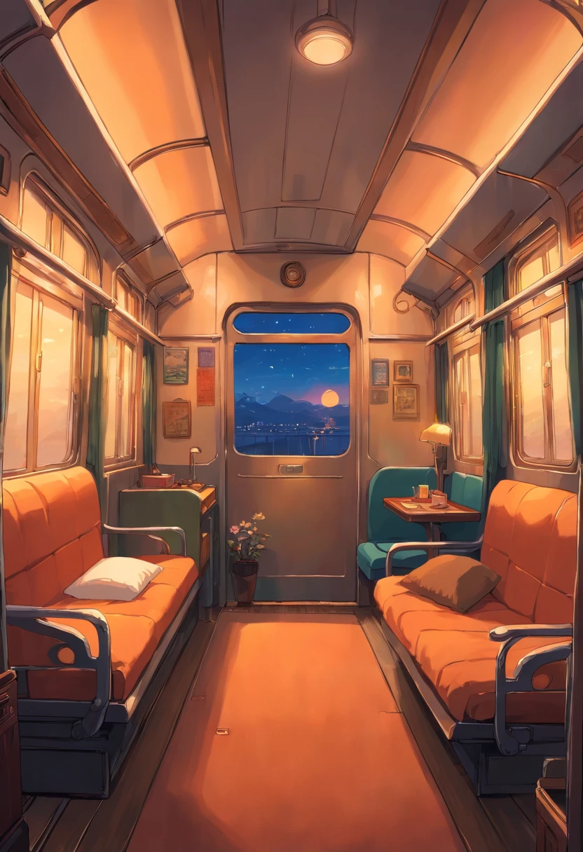 Comfortable rooms inside the train, cozy bed, Windows and outside at night, Dim orange light, dark outside, Very comfortable room inside the train.
