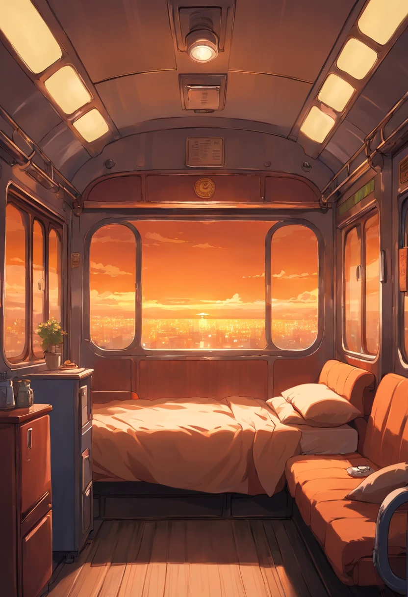 Comfortable rooms inside the train, cozy bed, Windows and outside at night, Dim orange light, dark outside, Very comfortable room inside the train.