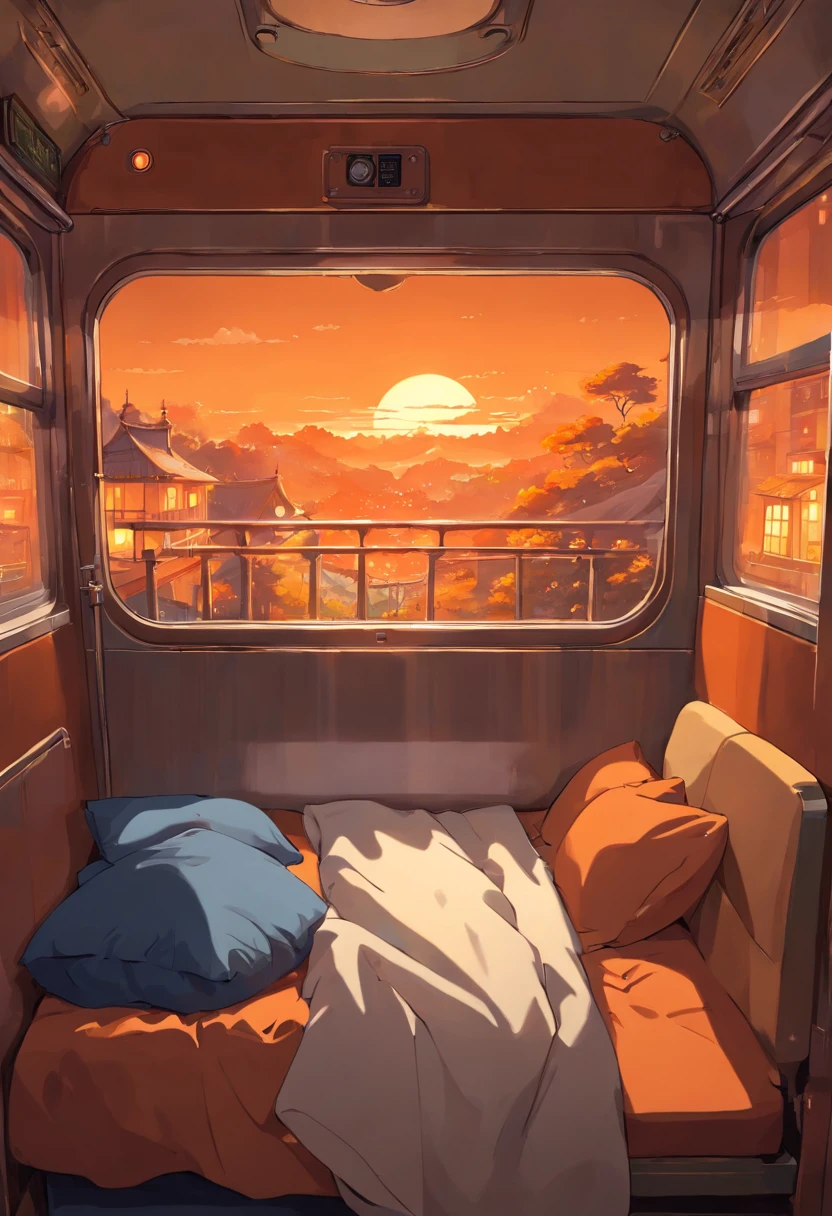 Comfortable rooms inside the train, cozy bed, Windows and outside at night, Dim orange light, dark outside, Very comfortable room inside the train.