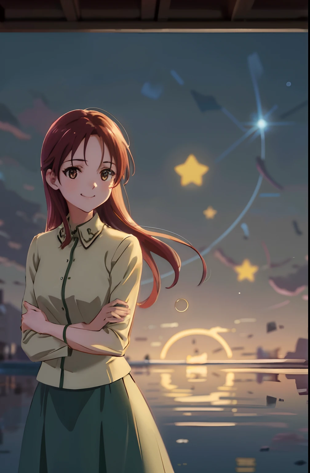(highres, best quality:1.2), 1girl, radiance, soft contours, beautiful drawing, upper body, concept art, eyelashes, kyoani hyouka style, detailed background, bright colors,
minna-dietlinde wilcke, smile,
close-up, looking at viewer,
Cosmos, starry night sky, fantastic view