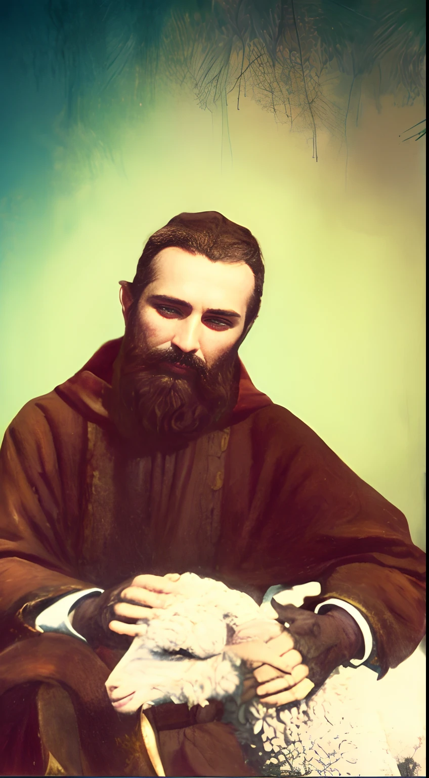 Arafed man with beard and goat in his hands, santo, Francisco de Zurbaran, monge, inspirado em Juan O'Gorman, tiziano vecelli, inspirado em Francisco de Burgos Mantilla, bartolome ros, abbondio stazio, christian saint rosace, inspirado em Charles McAuley, Pablo Hurtado de Mendoza