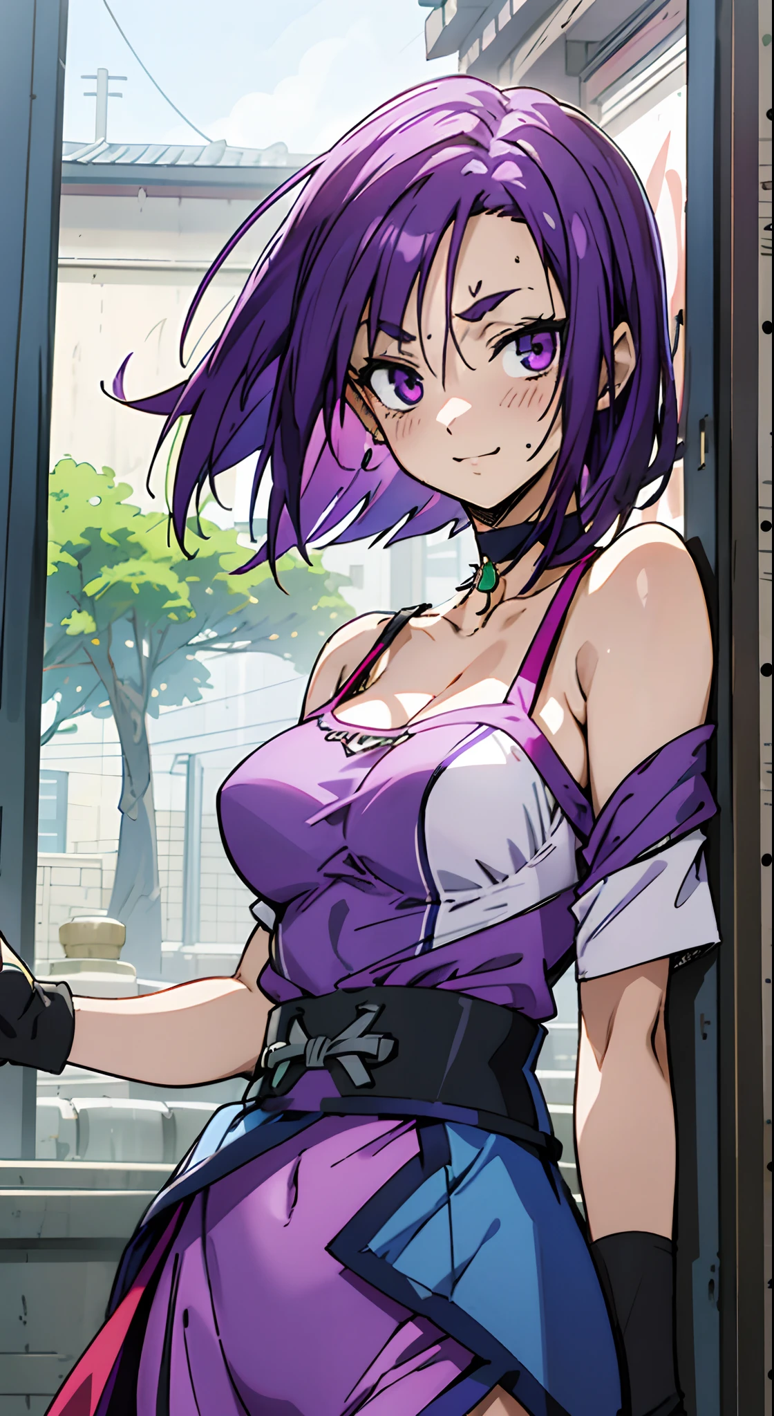 masutepiece, Best Quality, Ultra-detailed, Off-the-shoulder clothing, Colorful,Up-close, Hyper-detailing,purple color hair, Reo Mikage, Blue Lock, no sleeves, Camisole, Blue Camisole, Cheongsam, chinese clothes, Chest exposure, Underwear, Metamorphosis is exposed, Choker, Black Choker, arm warmer, Navy Arm Warmer, Arm warmers from shoulder to wrist, Sexy breasts, Scar, Big breasts, red blush, 1girl in, Solo, Sharp face, Heterochromia, Green eyes, Purple eyes, Bare neck, Happy face, rays of sunshine, Brave Sky, shining sky, Slums