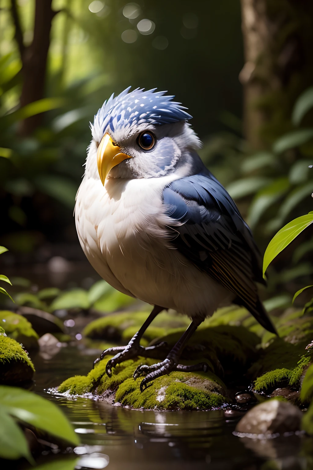 master part, Macro photo of a bird drinking water in the forest, twilights, Cogumelos, gotas de orvalho, alto contraste, Estilo Studio Ghibli, alta complexidade, altamente detalhado, estilo fotorrealista