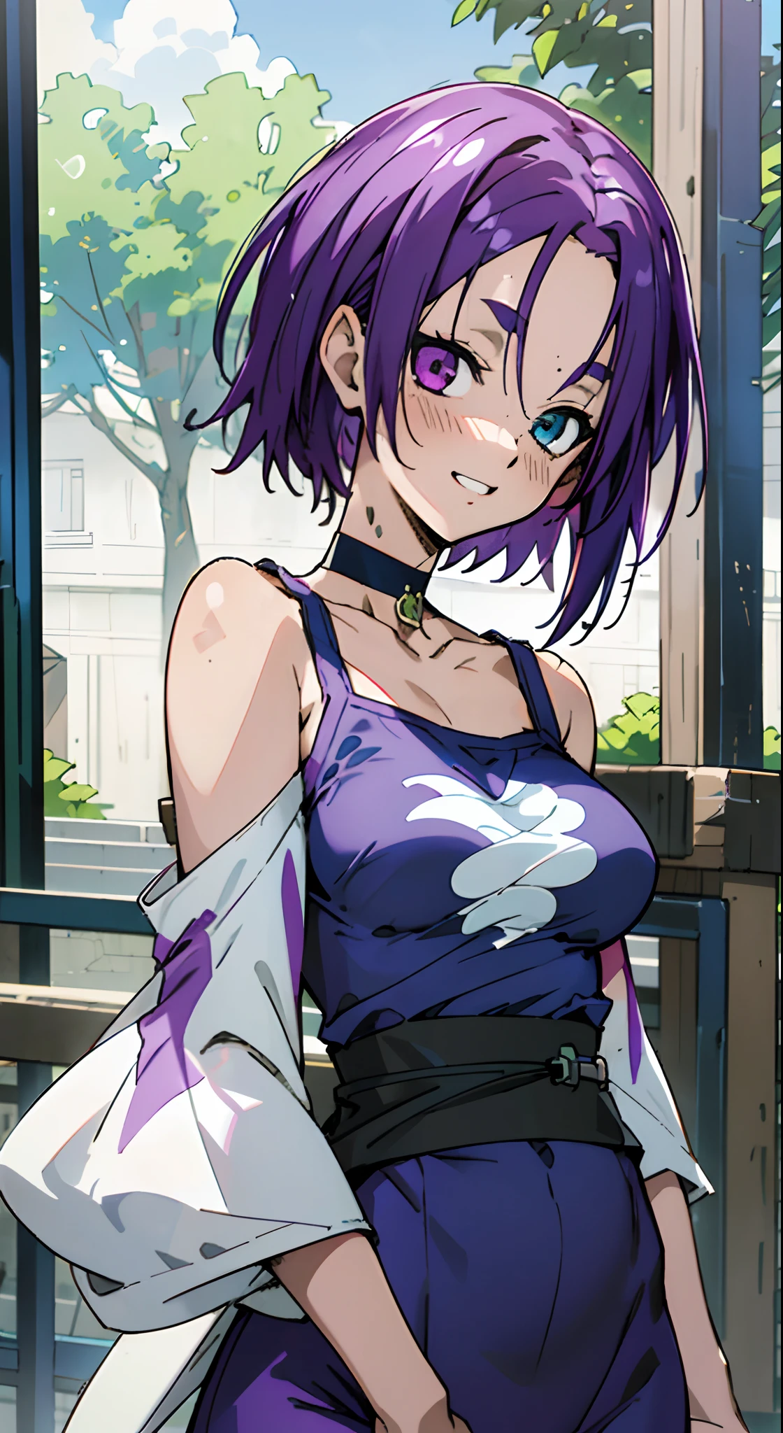masutepiece, Best Quality, Ultra-detailed, Off-the-shoulder clothing, Colorful,Up-close, Hyper-detailing,purple color hair, Reo Mikage, Blue Lock, no sleeves, Camisole, Blue Camisole, Cheongsam, chinese clothes, Chest exposure, Underwear, Metamorphosis is exposed, Choker, Black Choker, arm warmer, Navy Arm Warmer, Arm warmers from shoulder to wrist, Sexy breasts, Scar, Big breasts, red blush, 1girl in, Solo, Sharp face, Heterochromia, Green eyes, Purple eyes, Bare neck, Happy face, rays of sunshine, Brave Sky, shining sky, Slums