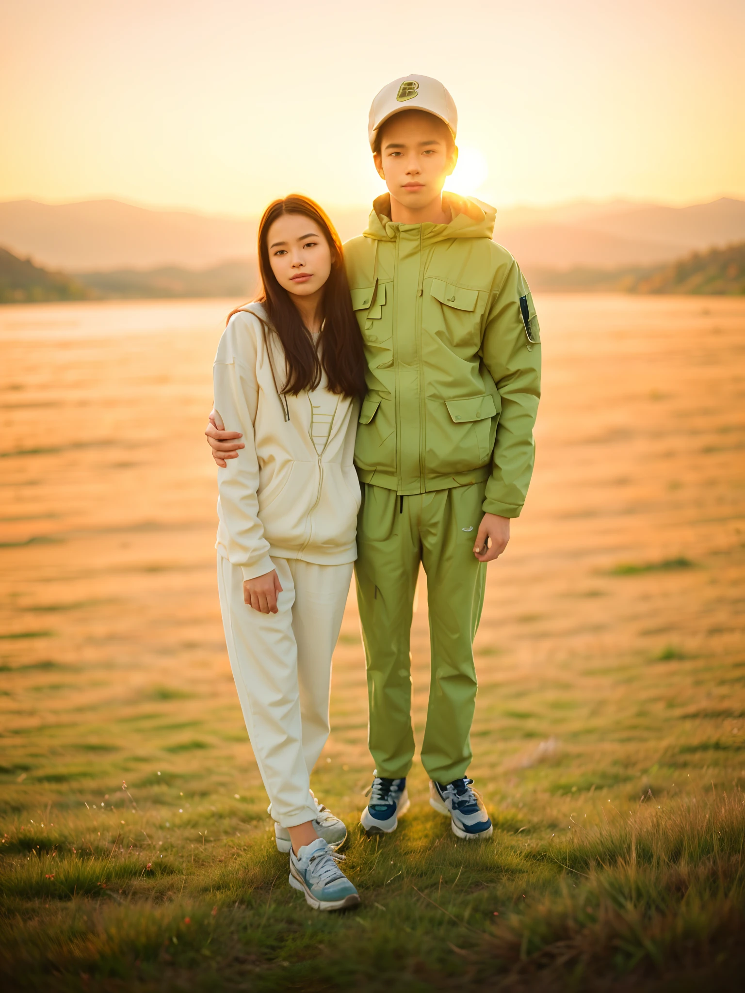 full-length portrait, There is a guy and a girl in sneakers in a meadow. Admiring the scenery of green mountains and a serene lake. The soft lighting of the sunset and the clear sky convey tranquility and nostalgia.