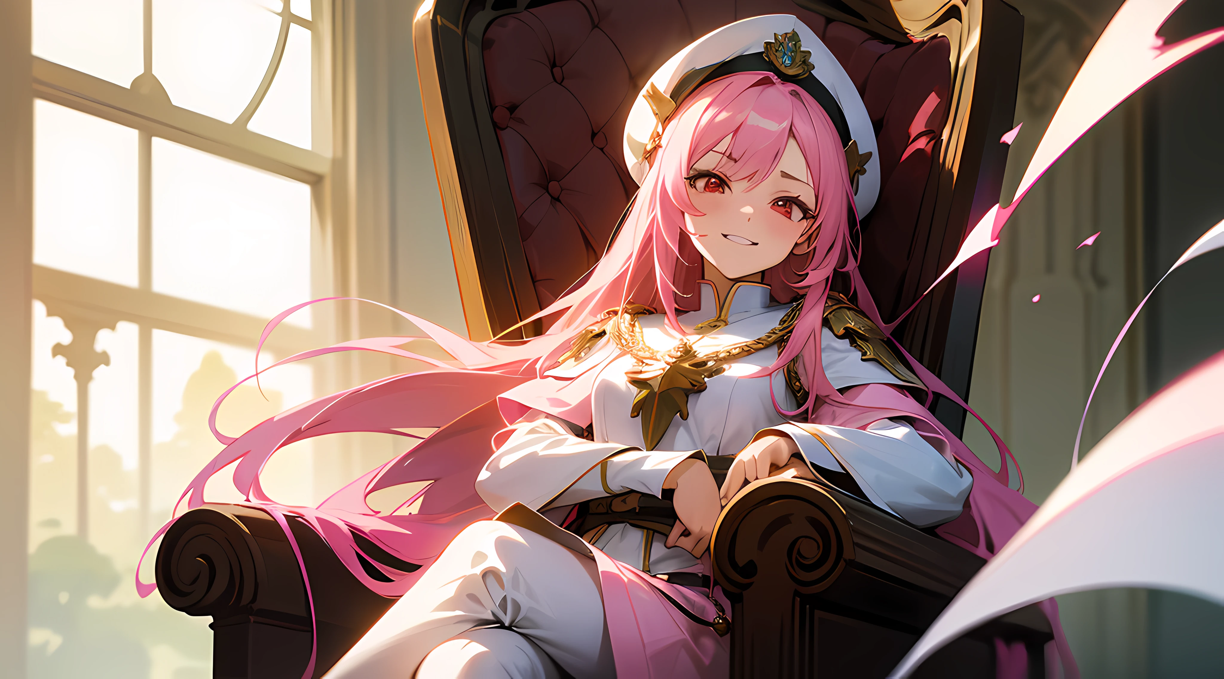 anime girl with pink hair and red eyes and a red top, a character portrait by Shingei, pixiv, conceptual art, [[[[grinning evily]]]], anime style portrait, anime moe artstyle, marin kitagawa fanart, joyful smirk, kawaii realistic portrait, anime portrait, anime character portrait, anime waifu, flower shaped pupil, cleric, dressed like a cleric, pretty female cleric, 8K, Ultra Quality, ahegao, white navy captain hat, symbol shaped pupil, masterpiece, white hat, in a room, sitting on an ornate throne, cleric, shining pink armor, woman with a gesugao facial expression, sadistic twisted expression, throne, crossed legs, pink lightened hair ends, teeth, big smile, grinch, tall woman, white cleric, shiny armor