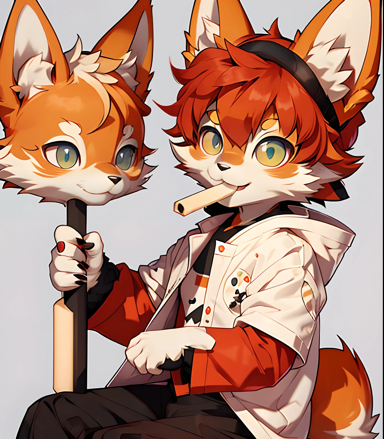 eyes with brightness,Furry，Furry，Bust photo of the character,Q version，头像框， Character focus，独奏, shaggy, Furry fox, White fur for women, With his eyes closed，clawed paws，Claws,Red hair， style，Little cute， Sell moe，White T blood，black long pants，Cylindrical popsicles with strawberry flavor in their mouths，