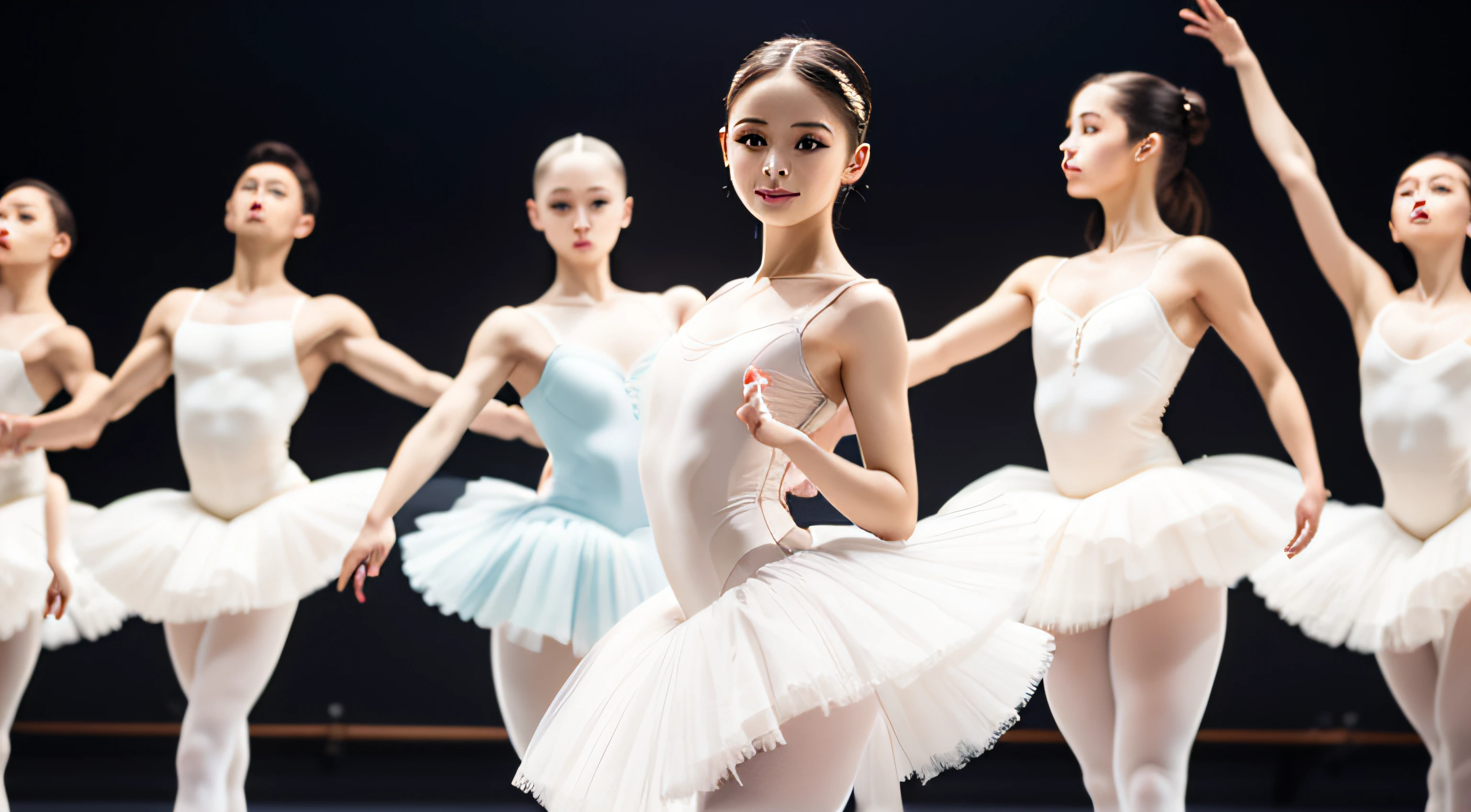 top-quality、8k picture、Piece of art、Ballet Swan Lake choreography practice、The figure of a girl in a ballet dress, slenderbody、tiny chest、long and thin legs、Elaborate face、Detailed nasal nose、Detailed pupils、Closed lips、Angel Smile、fully body photo、shot from a low-angle