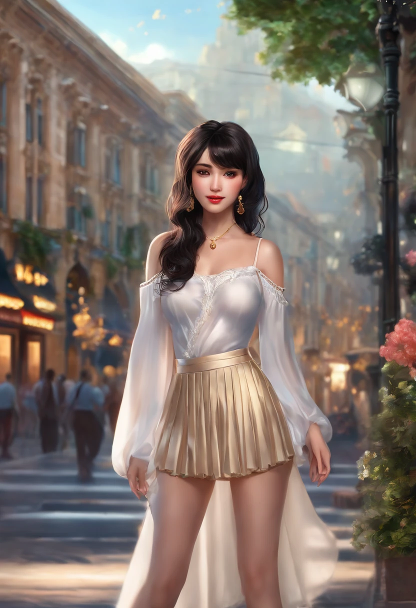 cute young woman, Short black hair, Brown eyes, Empress,Pleated skirt set,the street lights,neonlight,Bustling street background,(navel:1.1,Princess Eyes), nobles, royalti, High quality, Masterpiece, Highly detailed，swim wears