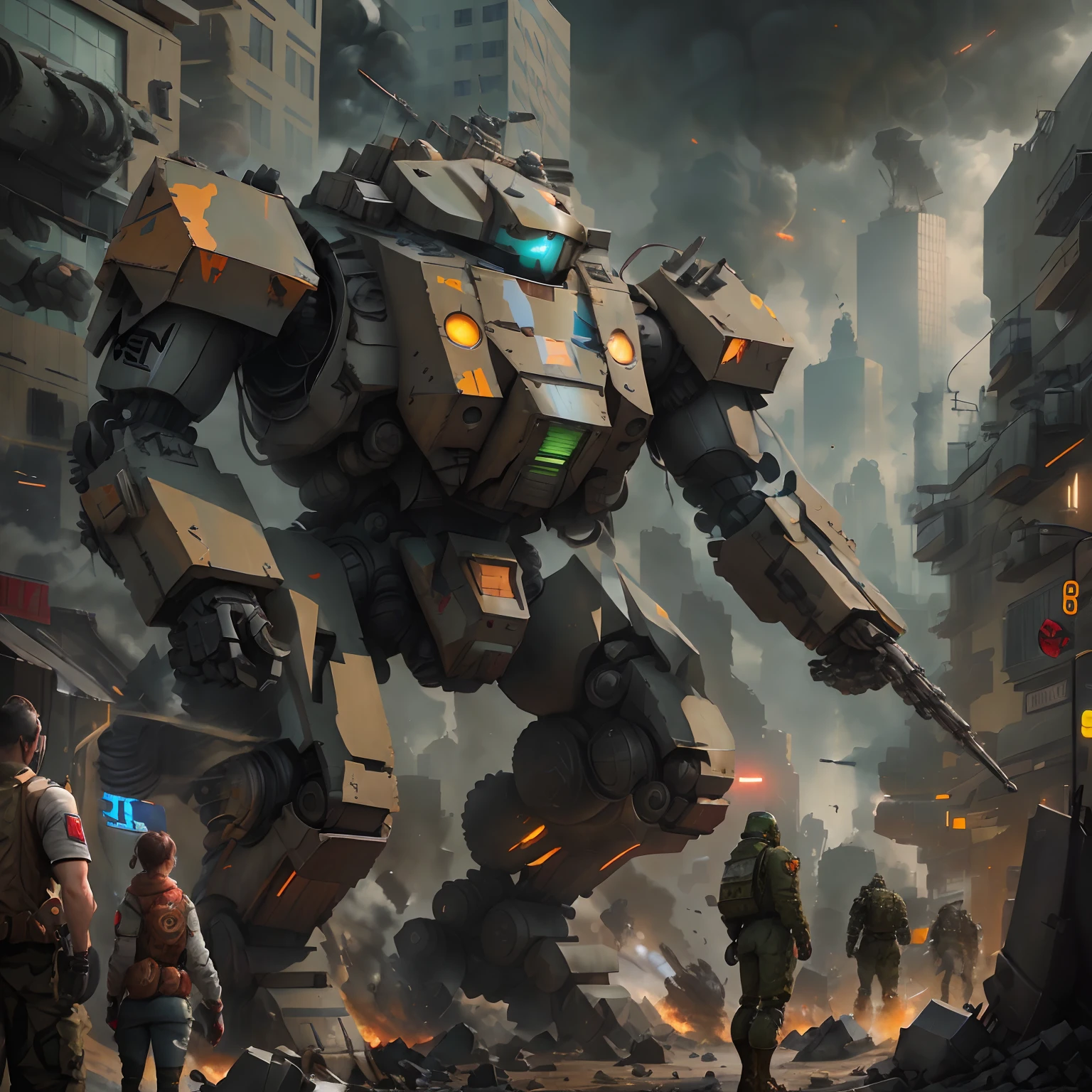 Soldiers are standing in front of a giant robot in a city, Lucha de soldados y mech, Wojtek FUS, Battlemech, Alejandro Ferra Mecha, Concepto de arte mecanizado, comic book style battlemech, Mechs de guerra luchando, Estilo Battletech, Robot gigante, Arte mecha, Arte conceptual de Mech, Mech de batalla, Mech de cuerpo completo