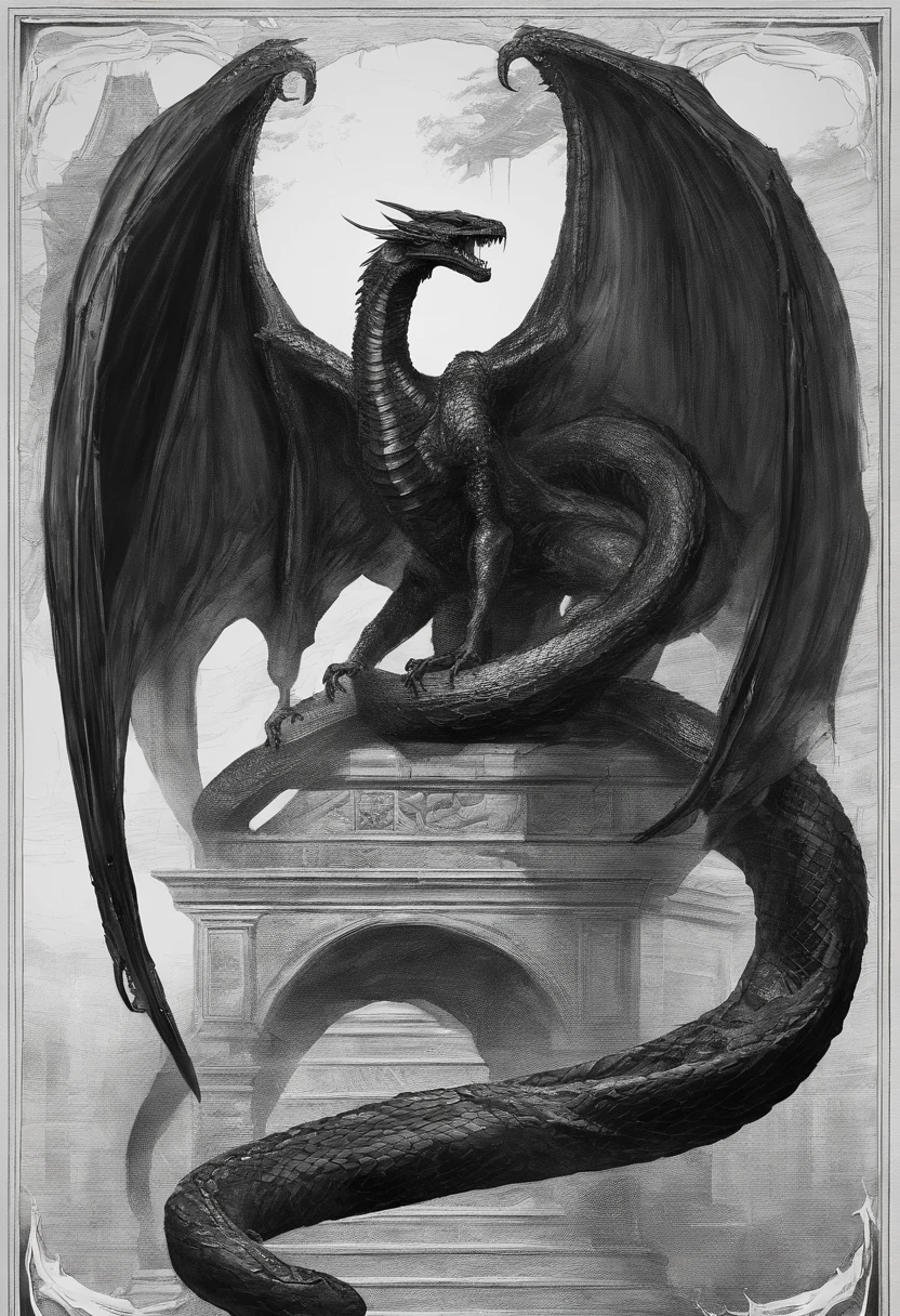 Huge three-headed snake-necked wyvern,massive wings,exquisite detailing,immensity