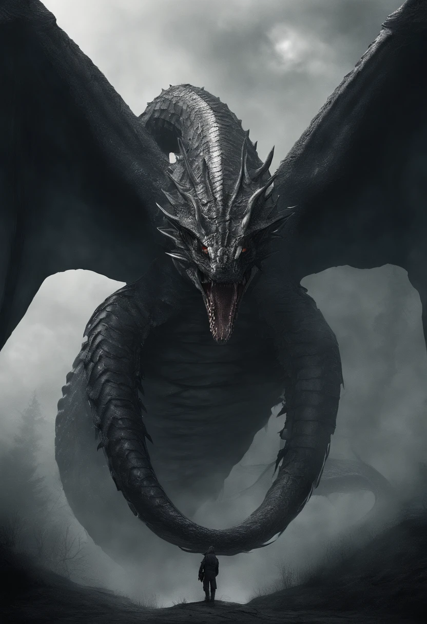 Huge three-headed snake-necked wyvern，massive wings，exquisite detailing，immensity