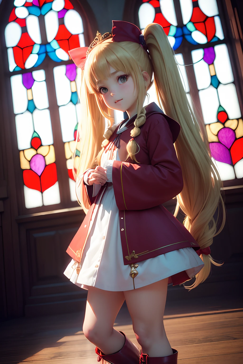(1girl in),( absurdly , High quality , ultra-detailliert ),(Summer in the morning),(masutepiece),(Stained Glass Church),(Long-haired blonde twintails),(Clergyman's robe),with a red ribbon on the head,,,,,,,(Cute 3D anime petite girl rendering),Super Detailed Beautiful Girl,Solemn pose,Laughing,watching at viewers,Wearing long boots,Has big angel wings,Halo,heart mark, Full body portrait, Perfect face and nice perfect face, Surreal concept, 8K resolution, photographic quality,