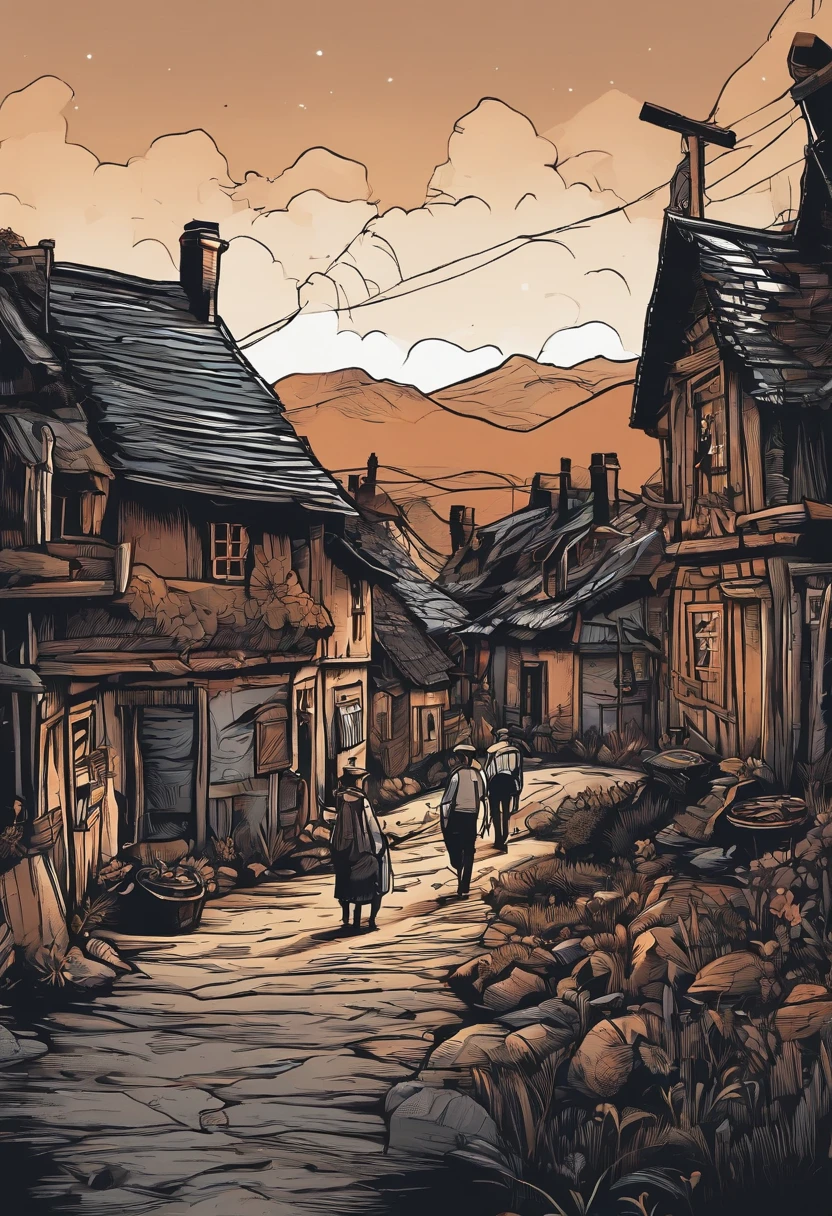 /imagine prompt: Illustration of villagers with sticker on black background,villages, Bold outline style, Jagged edges, Garbage core, Light and shadow --V 5.2