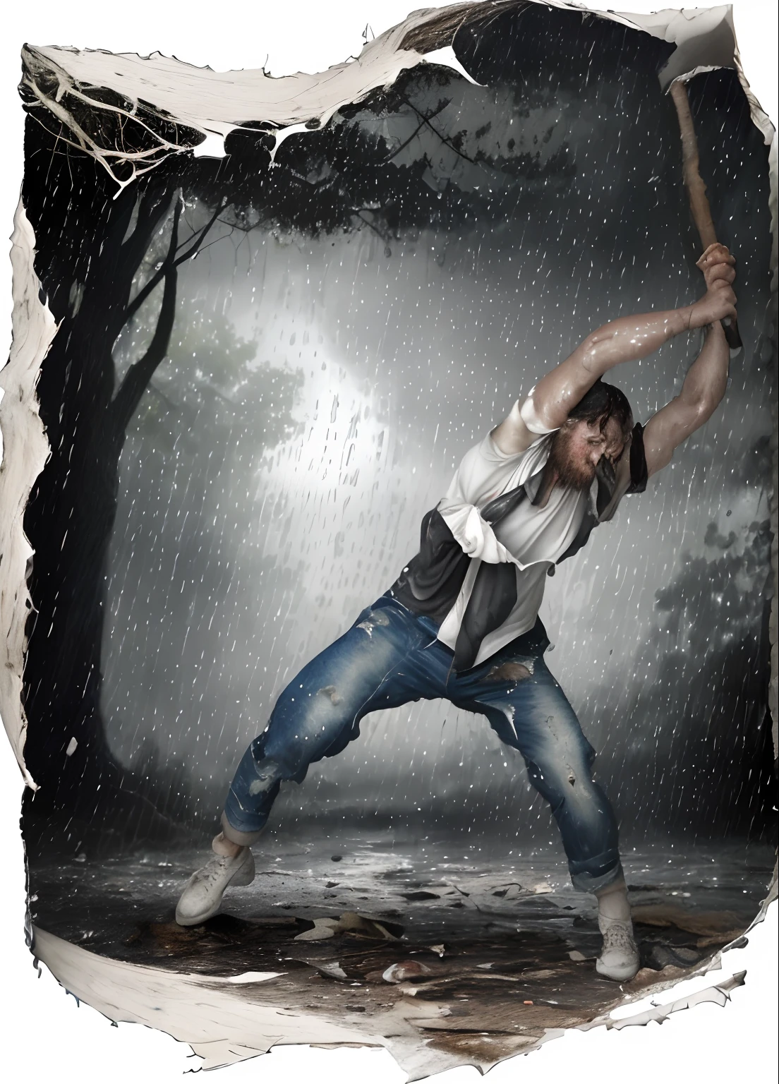 best image quality, masterpiece, super high resolution, (fidelity:1.4), photo, A lumberjack is cutting down a tree., white shirt, torn jeans, white sneakers, dim, darkness, despair, pity, poor, movie, tears, teardrops, (torn clothes:1.5), (wet clothes:1.4), bare shoulders, real rain, wet hair,..ssmile