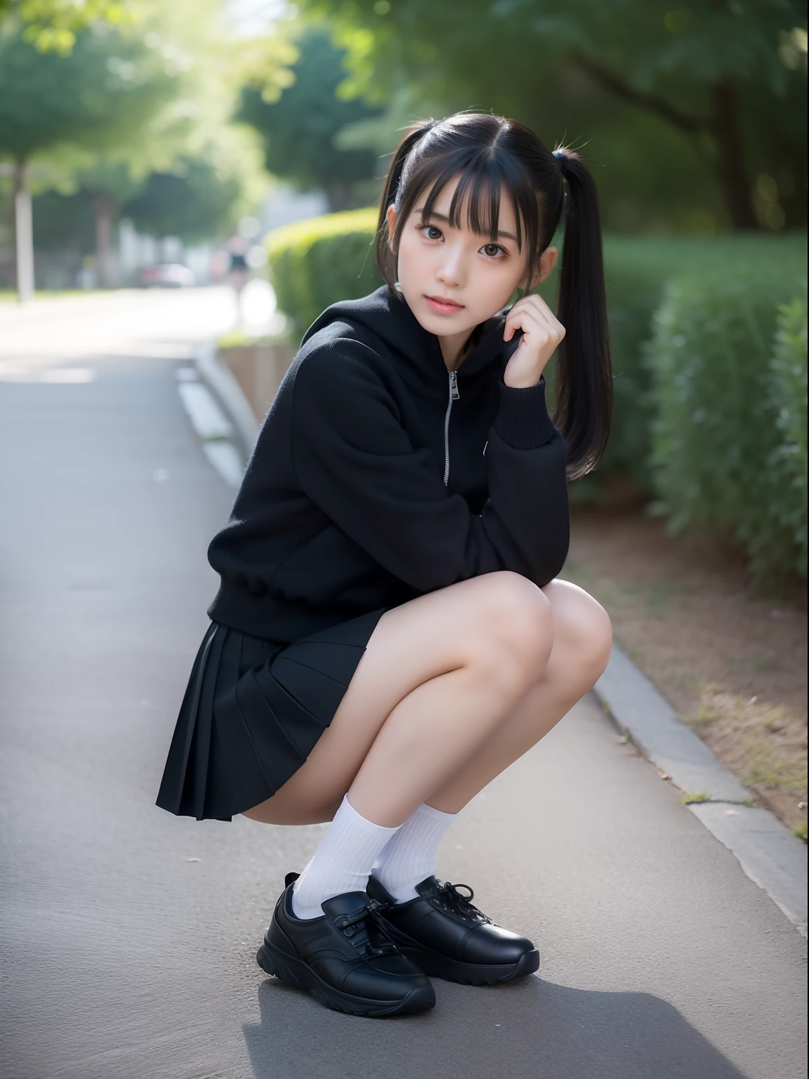 Knees，年轻，(pleatedskirt)，Zip Up，teens girl，A dark-haired，Twin-tailed，poneyTail，delicate and petite body