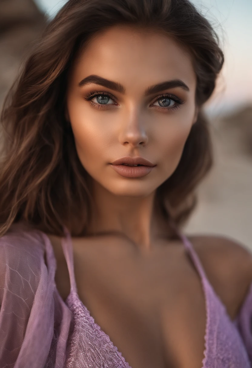 Femme arafed en bikini, fille sexy aux yeux bruns, Portrait Sophie Mudd, cheveux bruns et grands yeux, selfie of a young woman, Yeux de chambre, Violet Myers, sans maquillage, maquillage naturel, looking straight at camera, Visage avec Artgram, Maquillage subtil, Superbe photo du corps entier, sur ma plage, clivage