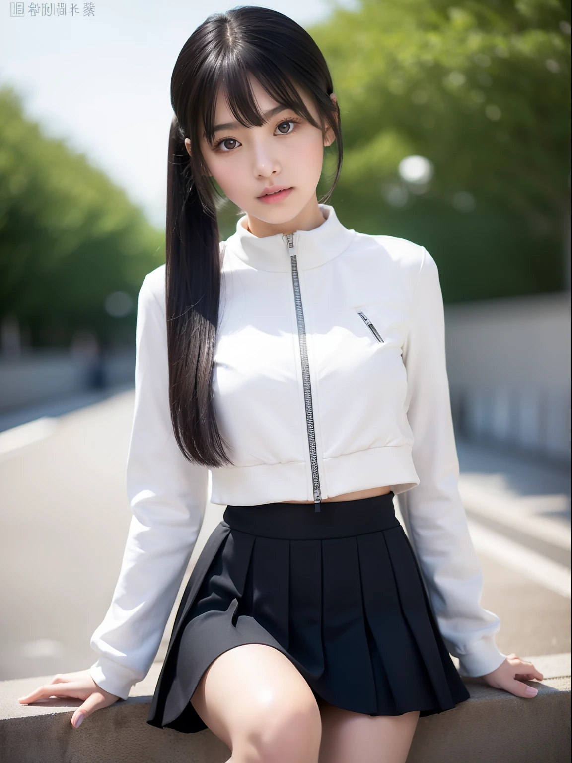 Knees,年轻,(pleatedskirt),Zip Up,s girl,A dark-haired,Twin-tailed,poneyTail,delicate and petite body