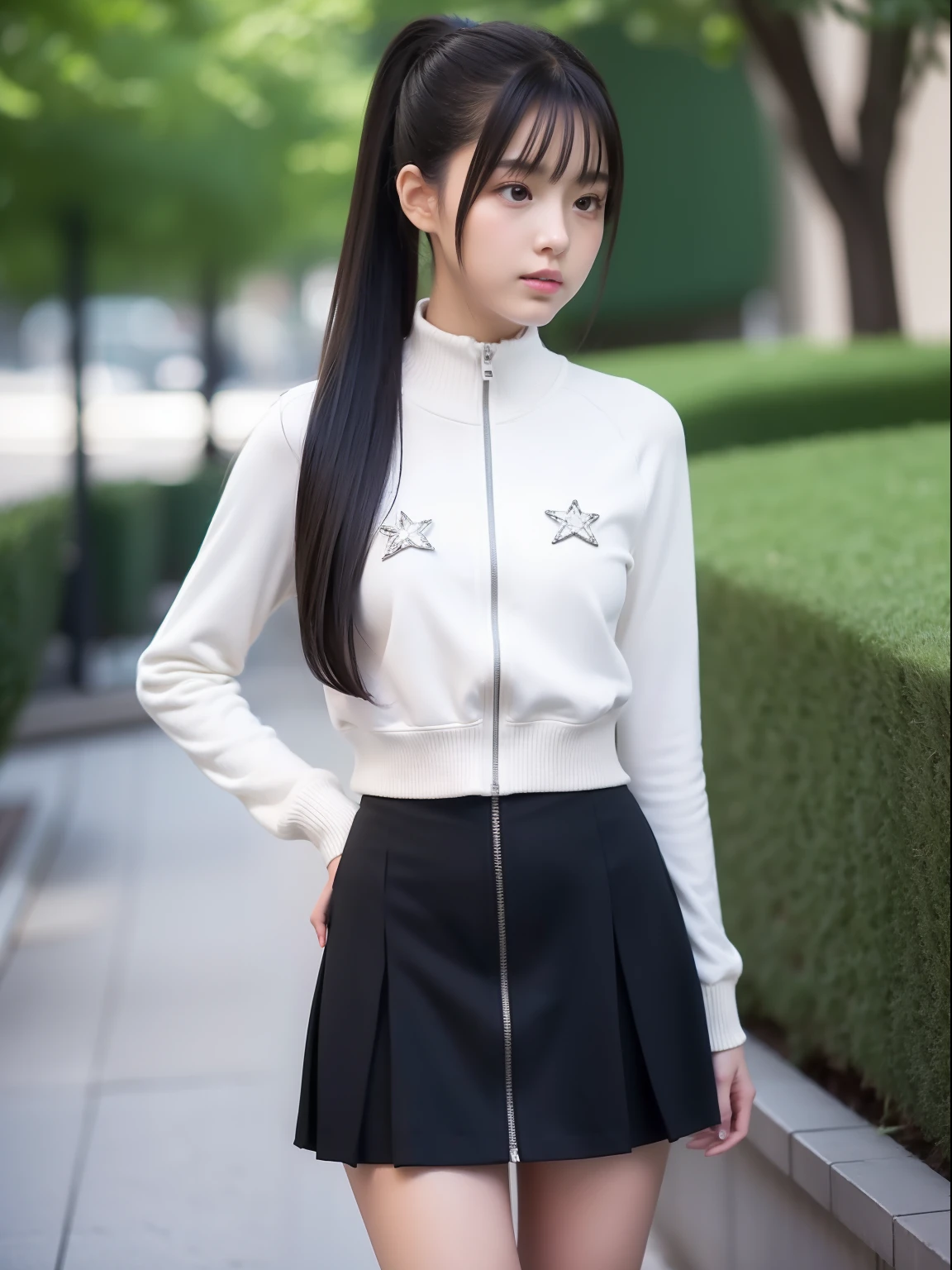 Knees，年轻，(pleatedskirt)，Zip Up，teens girl，A dark-haired，Twin-tailed，poneyTail，delicate and petite body