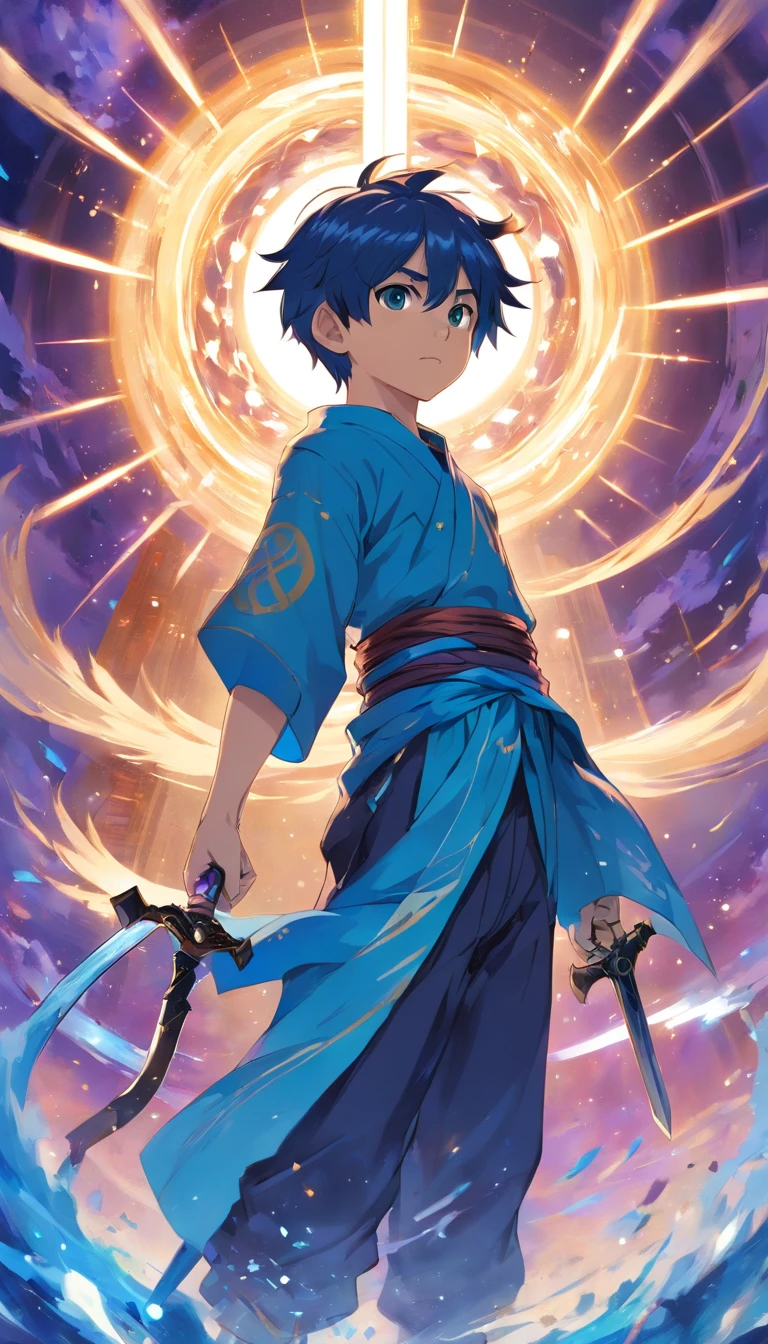 a young boy with piercing blue hair stands before you, wielding two swords of immense power: the Time Sword and the Space Sword. The intricate details of the swords are breathtaking, with ornate handles and sparkling jewels embedded within the blades. The boy's expression is stoic, but his eyes carry a hint of weariness that suggests he has had to rely on his incredible weapons many times before. In the background, you can see a swirling vortex of time and space, a reminder of the incredible power that the boy holds. The colors in the painting are predominantly cool blues and deep purples, giving the piece a sense of otherworldliness. As you look closely, you realize that the boy's clothes are in tatters, revealing a muscular build beneath. Every fiber of this painting is designed to convey strength, bravery, and a determination to protect all that is good，by Makoto shinkai