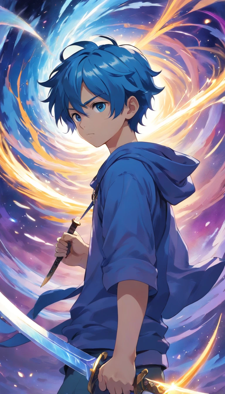a young boy with piercing blue hair stands before you, wielding two swords of immense power: the Time Sword and the Space Sword. The intricate details of the swords are breathtaking, with ornate handles and sparkling jewels embedded within the blades. The boy's expression is stoic, but his eyes carry a hint of weariness that suggests he has had to rely on his incredible weapons many times before. In the background, you can see a swirling vortex of time and space, a reminder of the incredible power that the boy holds. The colors in the painting are predominantly cool blues and deep purples, giving the piece a sense of otherworldliness. As you look closely, you realize that the boy's clothes are in tatters, revealing a muscular build beneath. Every fiber of this painting is designed to convey strength, bravery, and a determination to protect all that is good，by Makoto shinkai