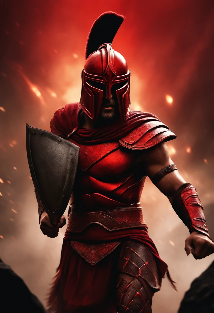 A Spartan warrior, red eyes, armor with spray painted skull on it, spear in hand, red aura, muscles
