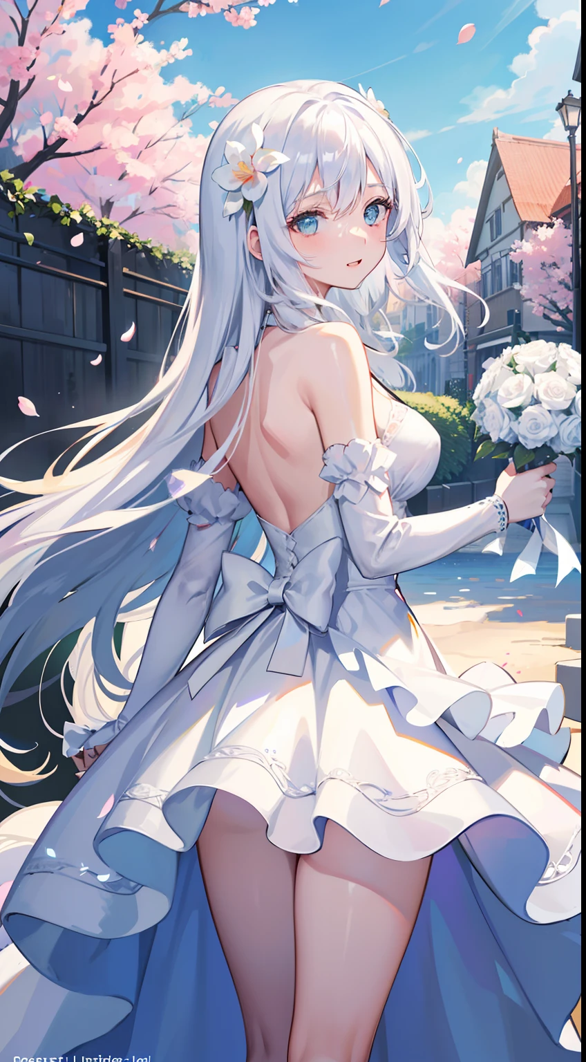 {{best qualtiy,extremely detaile,Cinematic lightning,intricately details,A high resolution,offcial art ,Fine beautiful face and eyes, high-resolution illustrations,8K,depth of fields,Bokeh,独奏,1girll}}((18yr old,Green eyes,Silver-white hair、Wear a white flawless wedding dress,The wedding dress was blown by the wind,Long hair、Very long hair、Smooth and delicate hair,one side braids,(hairflower,Pink orchid:1.2)There is a pink bow at the neckline,Cute breasts,White knee-length socks,bare shoulders,Separate the sleeves,Slender thighs,Narrow waist,))bright sun,blue open sky,Plenty of cherry blossom trees,Cherry blossom avenue,Colorful petals,(She walked forward,She walked on a path full of flower petals,She smiled happily,The corners of the mouth are raised,Eyebrows raised,looking at viewert){dynamic scene,hdr,cinmatic lighting,Volumetriclighting,light particules,Ray traching,Cover-style,facial closeups,Extremely detailed face,Extremely clear eyes,(Jewel-like sparkling eyes),(posterior view),(back to look back),wedding gown,the bride,Wedding dress,coziness,blissful,Fashionab,chaste,Lovingly,Touched}