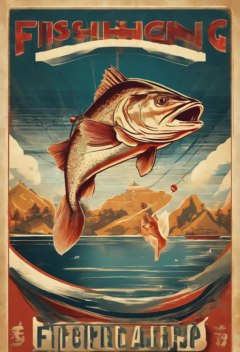 fishing, American propaganda poster, ray tracing, depth of field, reflection light, motion lines, close-up, from below