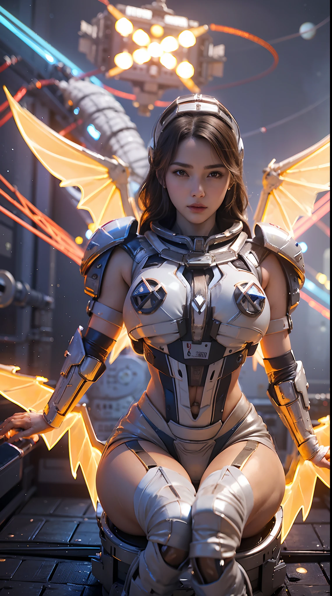 8k, 。.............3D, realista, Ultra Micro Photography, of the highest quality, Super detalle CG Unity 8k,una mujer hermosa, Cara hermosa, Tetas enormes, Rgb, blanco, oro, morado, MECHA ARMOR FULL GEAR, (traje), (escote), (A PAIR OF LARGER WINGS), transparente, Piernas altas, cuerpo sexy, abdominales musculares. (Space Station:1.4)