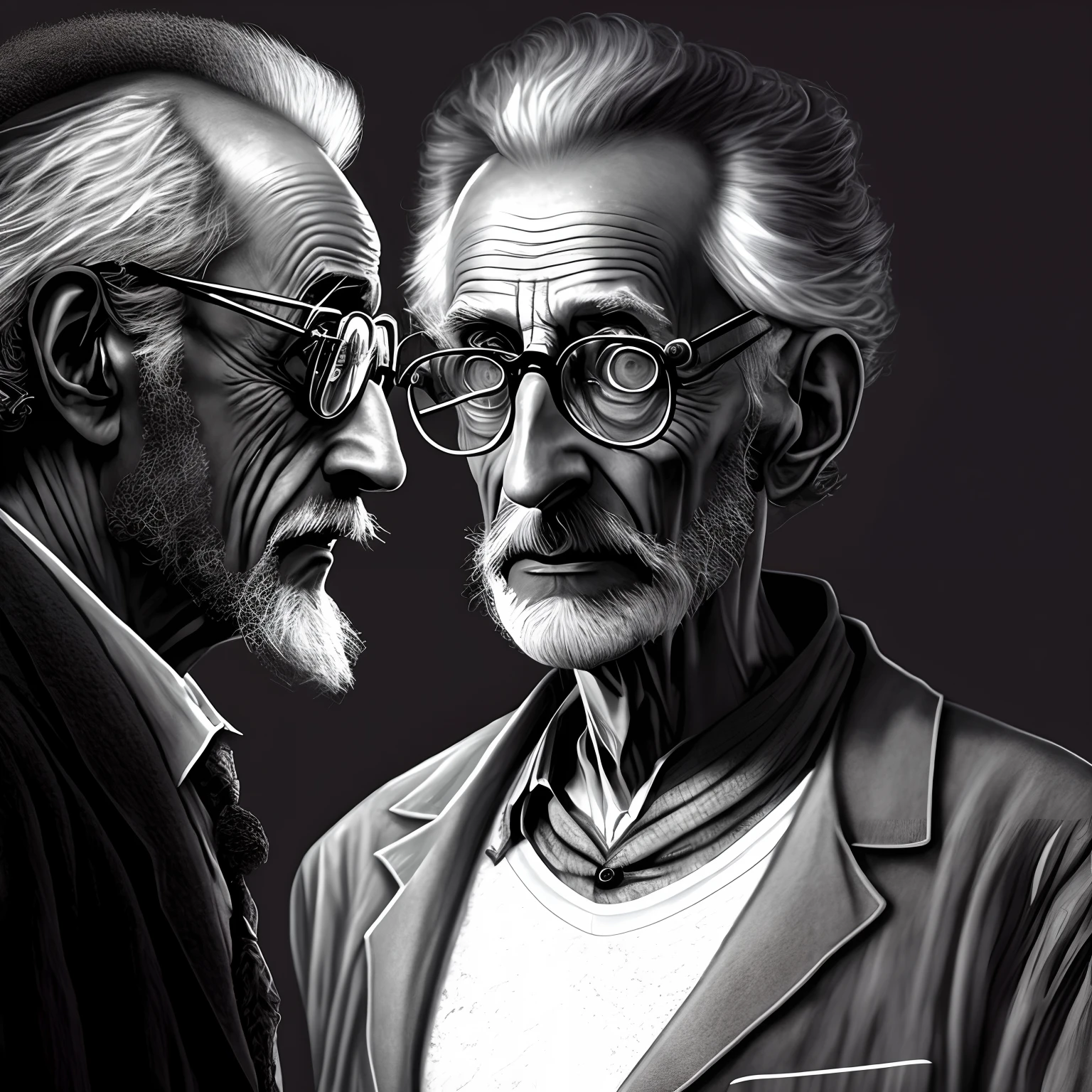 Black and white (((Pencil Sketch))) on cartridge paper of (((Lanky tall very old Aged maniac scientist))) , flip glasses, greying hair, ((hooked nose)), translucent pale flaking skin, prominent frontal lobe forehead )), very skinny frame defined physique, ((wearing men’s white singlet and underwear)) , mad scientist, pencil sketch senior artist, mad scientist working, ((skinny male)) fantasy scientist, elite scientist, aetherpunk digital art, (((jewish old skinny scientist))), pencil sketch style , scientist, portrait of mad scientist , art inspired by durer and Greg rutkowski