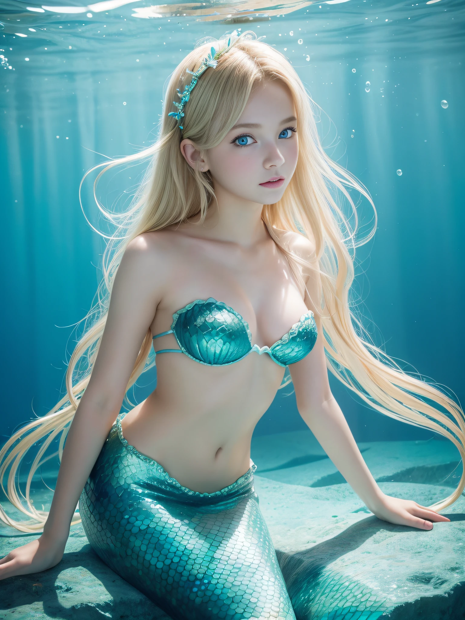 8K、Girl dressed as a mermaid Underwater - Sea、mermaid、14-year-old beautiful girl、Slightly baby-faced、Very light platuna blonde hair、Light blue eyes