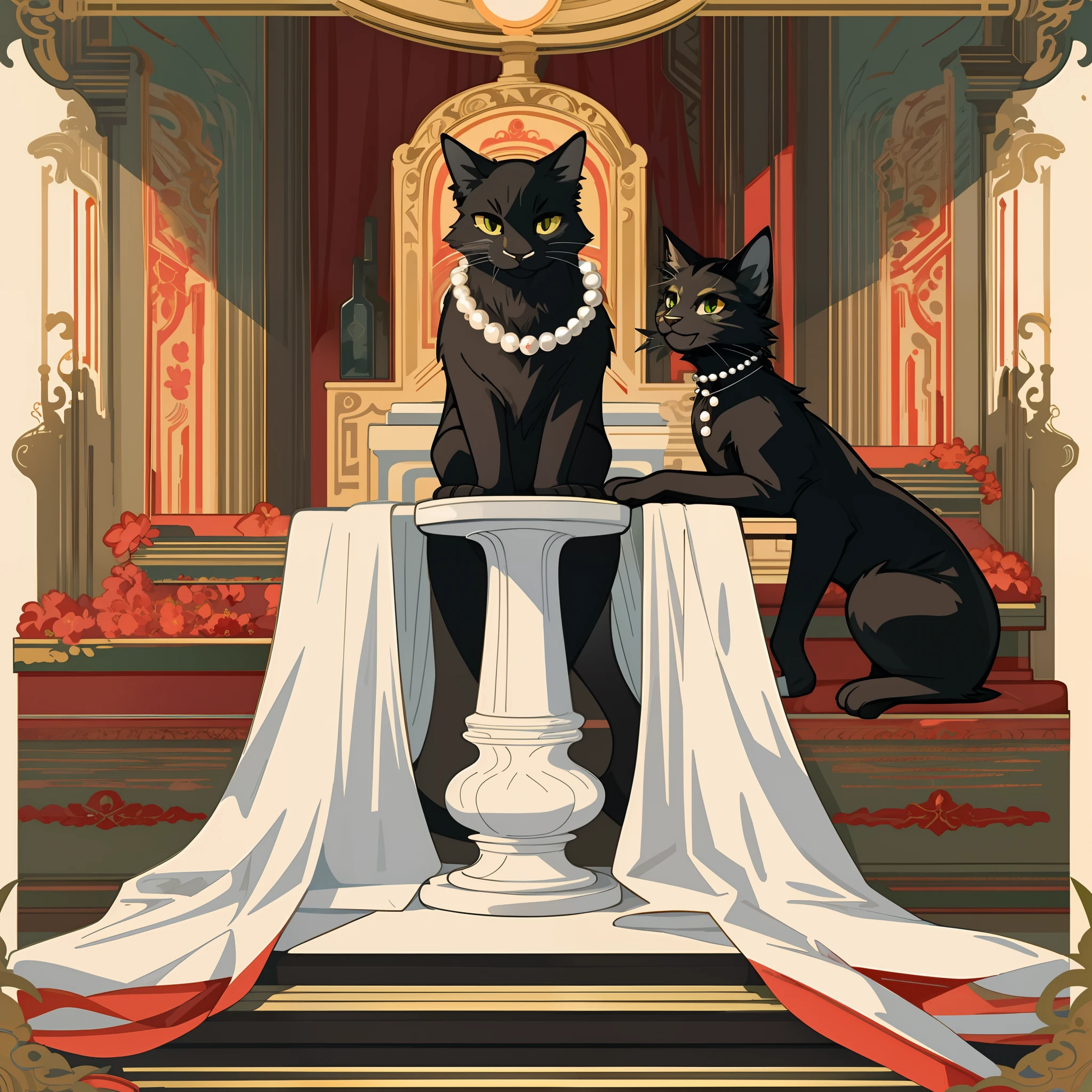 vector art, arafed black cat sitting on a pedestal with a pearl necklace, elegant cat, 1920s advert, 1960s advertisement, luxury advertisement, magazine advertisement, 1960s perfume bottle ads,