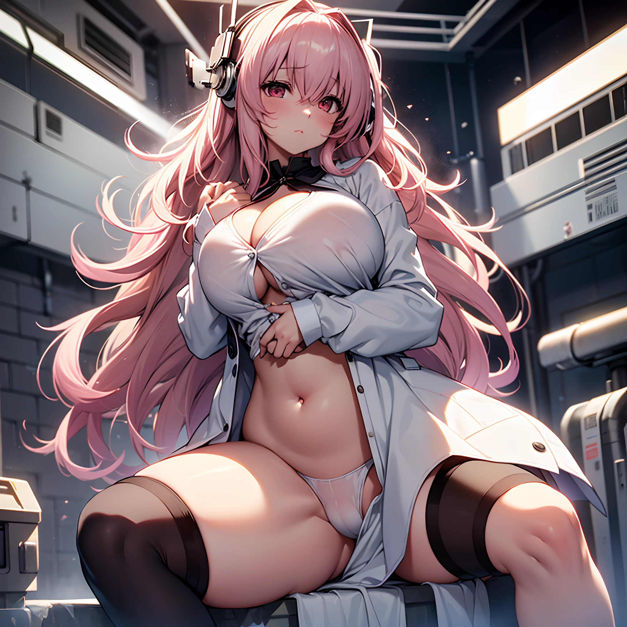 an attractive woman, naked girl, no underwear, super sonico, Spilled Valium on her chest, straight hair, hold her hand to prevent her white shirt from coming off, solo, she surprised, pink hair, huge breasts, large hip, large amounts of milk, spread legs, sit with her legs apart, long hair, navel, blush, dark red eyes, she looking at viewer, cleavage, white stockings, small size white shirt, Soaked in white sticky milk ,whole body, night background, Plump, Backlit, dark shadow, her chest overflows through her clothes, Scrounge, cover her crotch with her hands, blank background, mist, On a bath of milk, Composition looking up from below