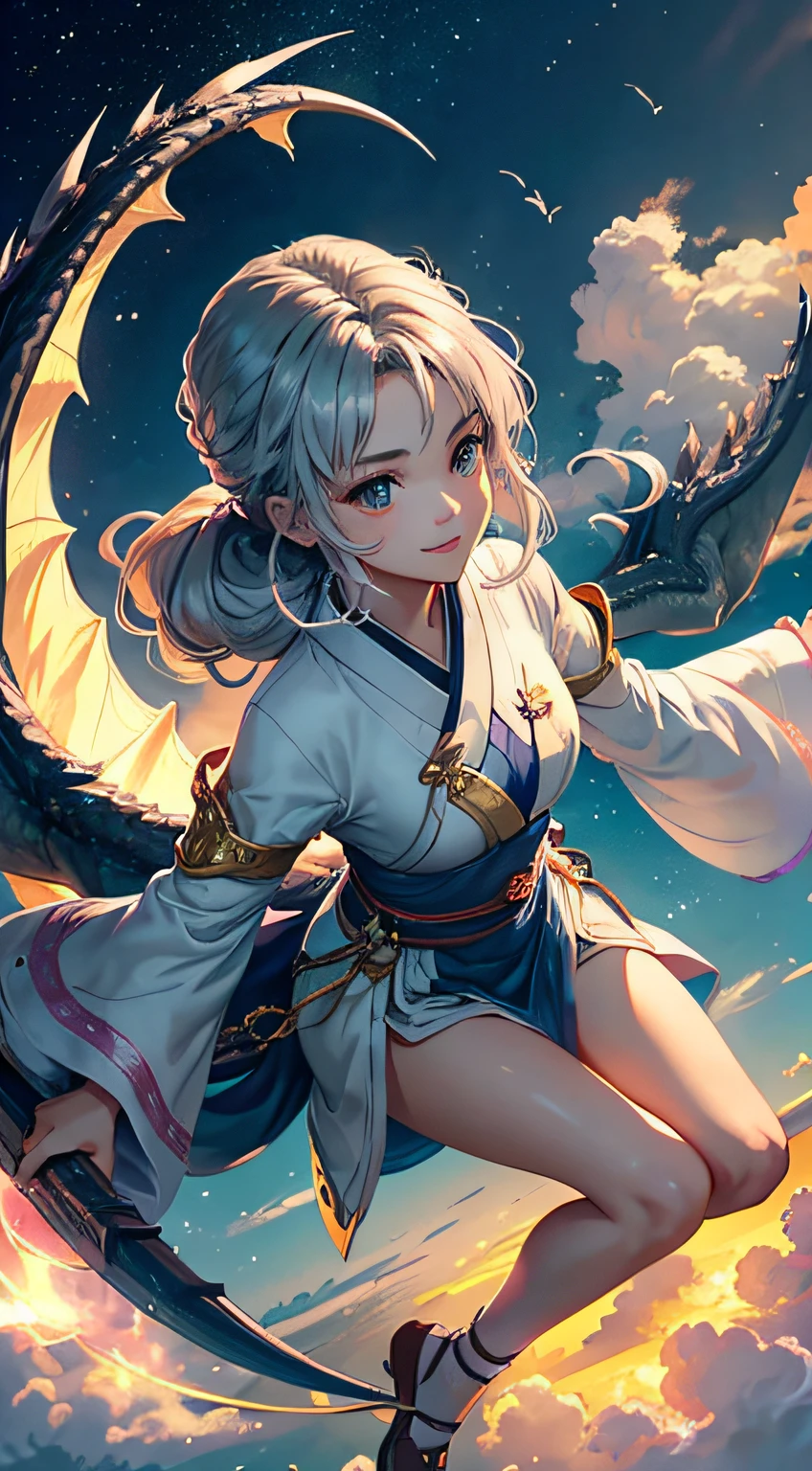 Girl flying in the sky astride a giant dragon、Reins、You can see the city far below、Girl is a beautiful Japan woman, １１Age physique、Smaller chest、Nice perfect face with soft skin, Small face with nose and lips like a rose, beautidful eyes, Bewitching smile. Thin and long beautiful hair wrapped in a bright and etheric shine. Gradient Highlight Greige Layer Loose Fluffy Medium Hairstyle, High quality high-resolution 8K masterpiece、Girl flying in the sky astride a giant dragon