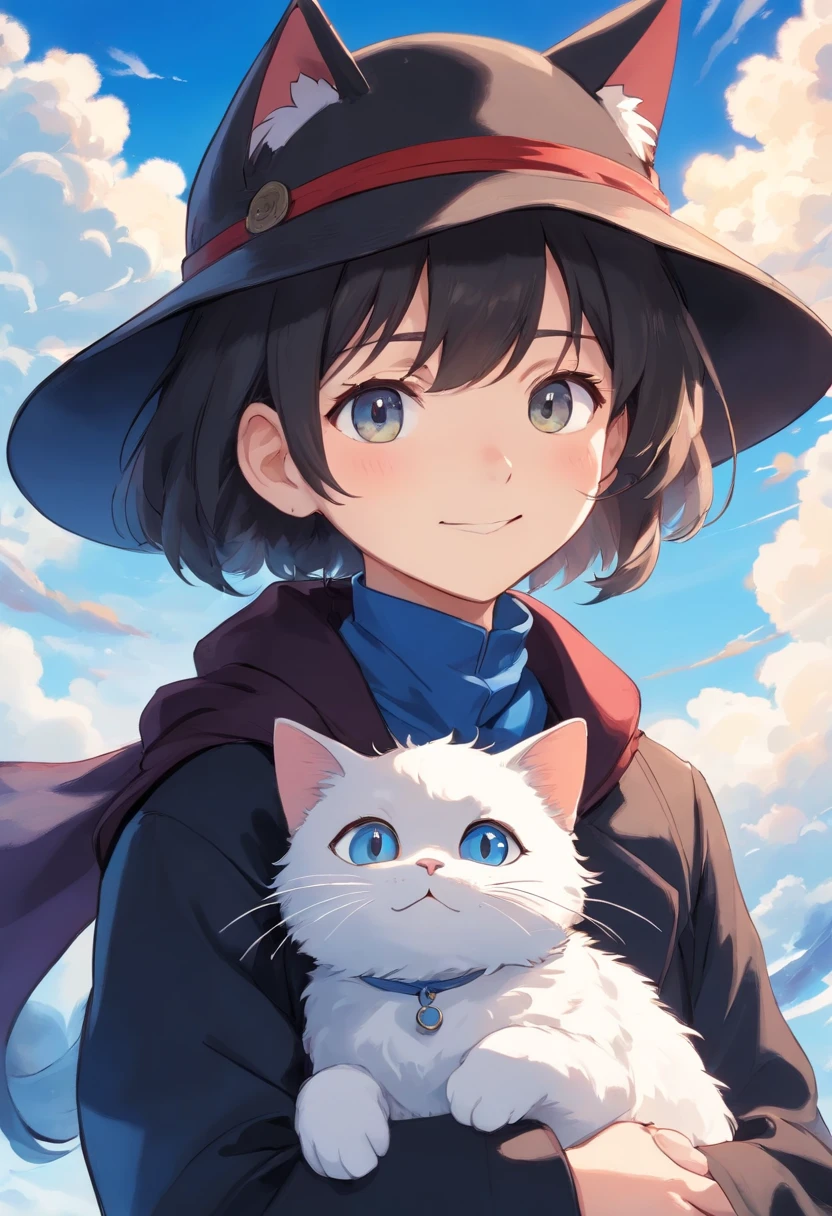 The man looked at a small black and white cat wearing a white coat.,Black-and-white cat wearing a coat,The Boy in the Hat,Smile,The background is a blue sky and white clouds. , Wallin Black T-Shirt,With anime logo