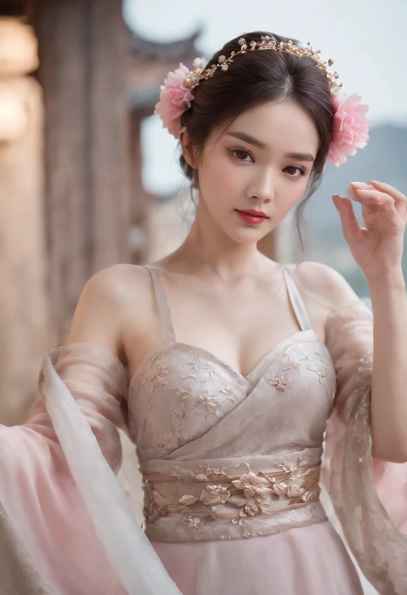 Best quality, Masterpiece,Upper body,(Background:sonoko),1 girl, Mature woman, Chinese style, Ancient China, sister, Dancer, Dark brown hair, Dark hair, Princess cut, Fried dough twisted braid, Coiled hair, Double ball head,Coiled hair,Streamers, Light pink lips, calm, Intellectual, Red eyes, nipple tassels, Silver, Beads,Peony flower, offcial dress, capes, Silk skirt, Embroidery, Fine face, facial closeups, Close-up of the hand,Light-colored clothes,Beautiful face,Photorealistic, rim lit, twotonelighting,(highdetailskin:1.2), 8K, Ultra HD, Digital SLR, Soft lighting, High quality, voluminetric lighting, photographed, high resolution, 4K, 8K, Bokeh