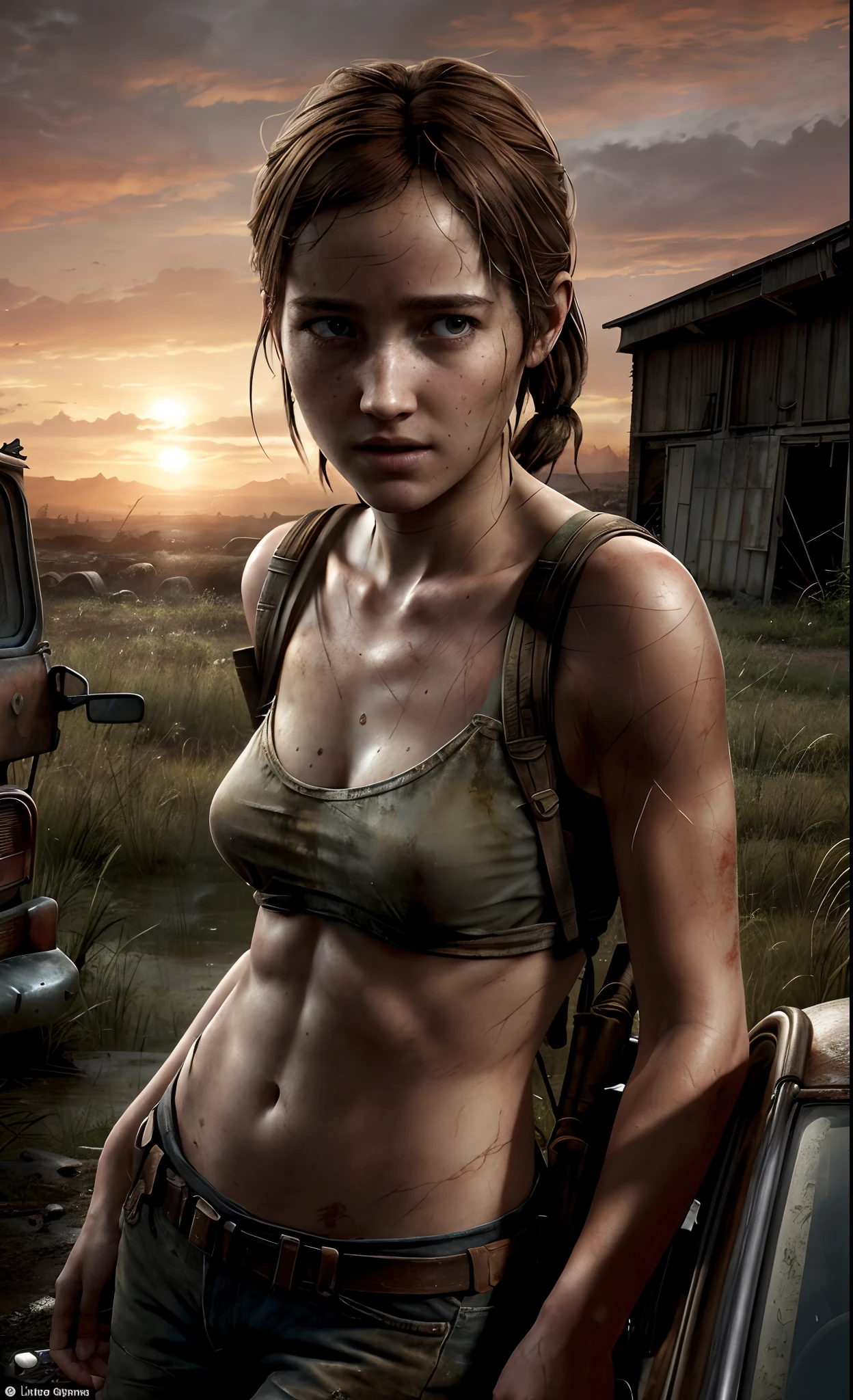 hyper photorealistic, sweet woman，(18 years), (face of Ellie from "Last of us"), (extremely sexy)，Masterpiece, pleasure, nudist, small breasts, Size A, Perfect , expression enjoyment, apocalyptic environment, spot lighting, Sunset, detailed hair, little smile, fine facial traits, Slim physique, Volumetrics DTX, (Film grain)