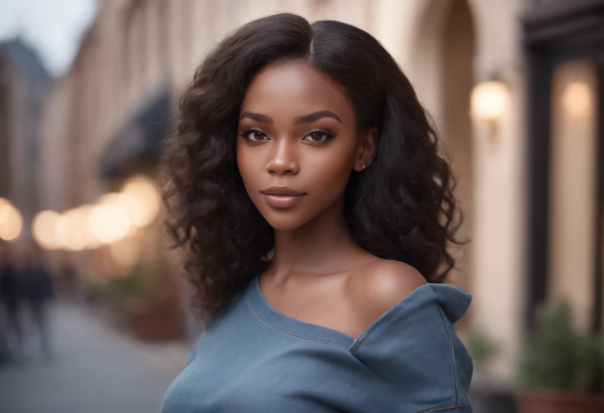 Ultra realistic photo, full body of black girl, best quality, Masterpiece, black woman inspired by Barbie, black skin, beautiful face, Wearing jeans and black sweatshirt, realistic smooth skin, ultra realistic skin, dynamic pose in a street. Good composition, Stunning, very detailed skin, Perfect beautiful young face