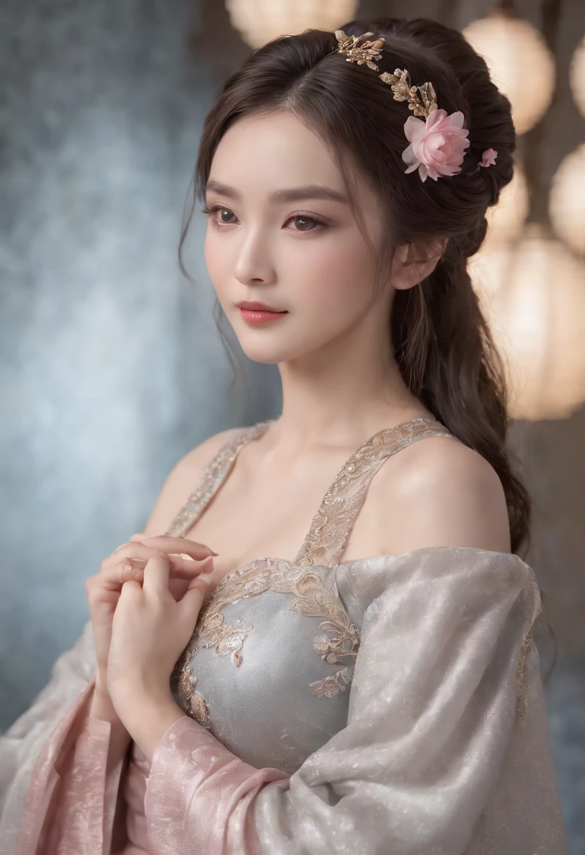 Best quality, Masterpiece,Upper body,(Background:sonoko),1 girl, Mature woman, Chinese style, Ancient China, sister, Dancer, Dark brown hair, Dark hair, Princess cut, Fried dough twisted braid, Coiled hair, Double ball head,Coiled hair,Streamers, Light pink lips, calm, Intellectual, Red eyes, nipple tassels, Silver, Beads,Peony flower, offcial dress, capes, Silk skirt, Embroidery, Fine face, facial closeups, Close-up of the hand,Light-colored clothes,Beautiful face,Photorealistic, rim lit, twotonelighting,(highdetailskin:1.2), 8K, Ultra HD, Digital SLR, Soft lighting, High quality, voluminetric lighting, photographed, high resolution, 4K, 8K, Bokeh