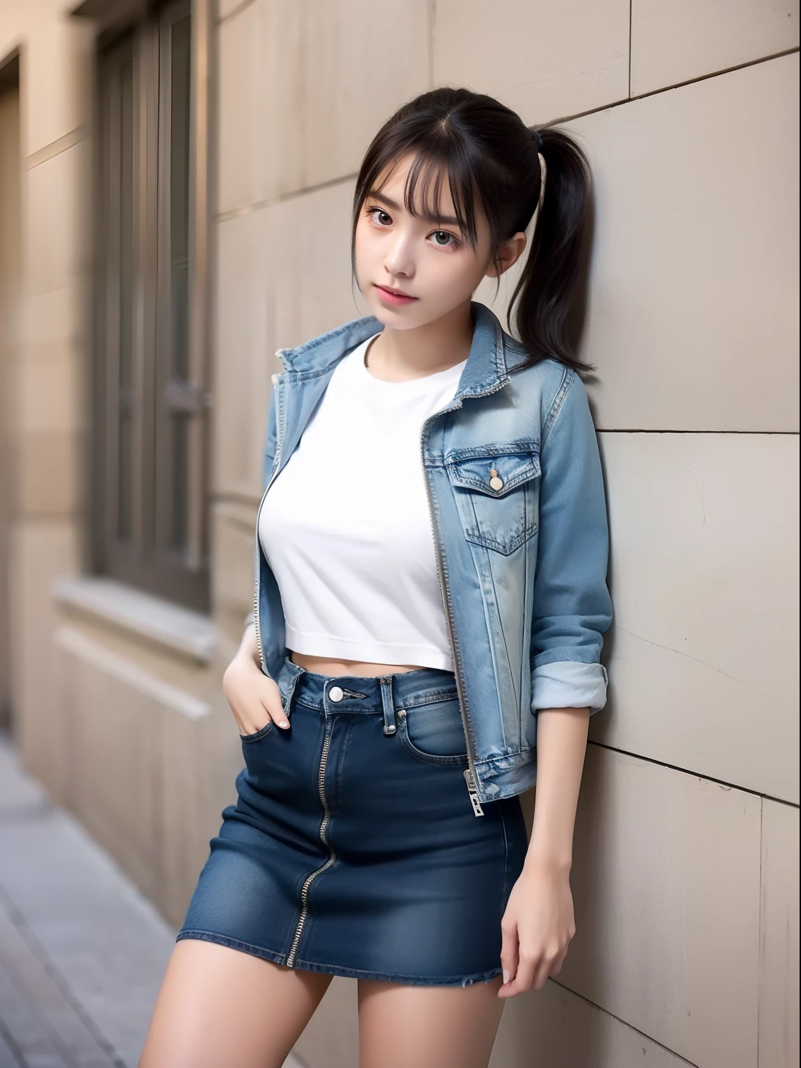Knees,年轻,(Denim skirt),Zip Up,s girl,A dark-haired,Twin-tailed,poneyTail,delicate and petite body