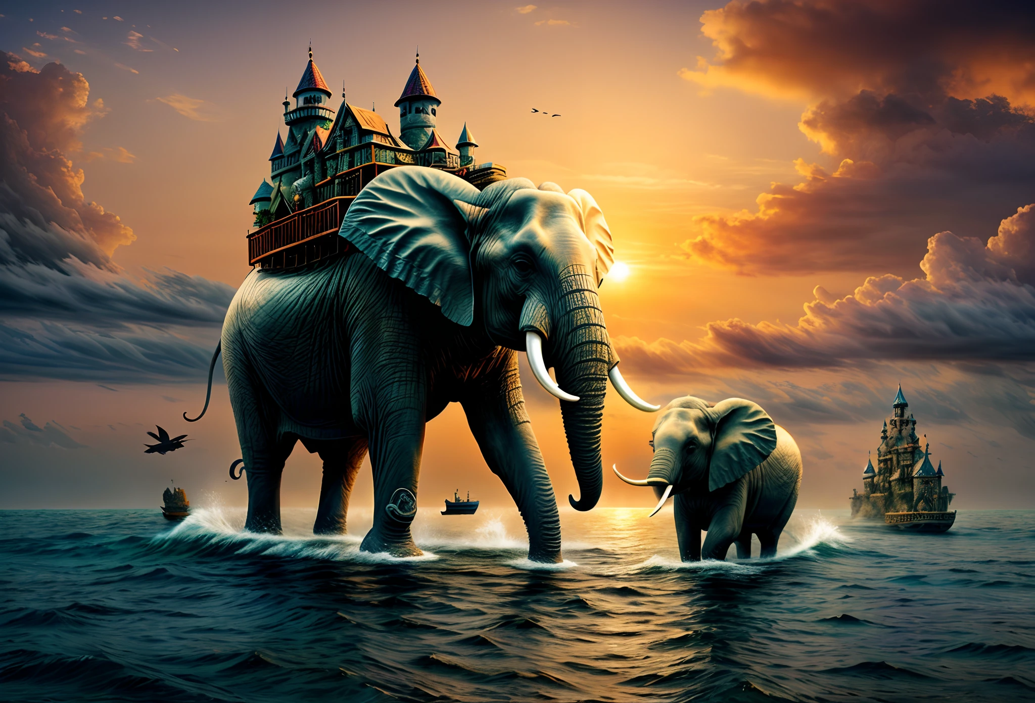 ((Best quality)), ((Masterpiece)), ((Realistic)),fanciful,A huge elephant has a small castle on its back,Elephants standing in the ocean,eventide,There is a pirate ship parked next to it,Baby elephants and elephants,Raise your nose