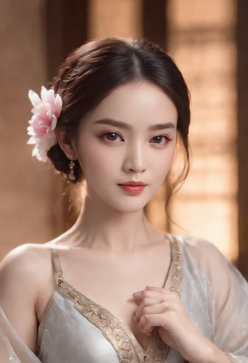 Best quality, Masterpiece,Upper body,(Background:sonoko),1 girl, Mature woman, Chinese style, Ancient China, sister, Dancer, Dark brown hair, Dark hair, Princess cut, Fried dough twisted braid, Coiled hair, Double ball head,Coiled hair,Streamers, Light pink lips, calm, Intellectual, Red eyes, nipple tassels, Silver, Beads,Peony flower, offcial dress, capes, Silk skirt, Embroidery, Fine face, facial closeups, Close-up of the hand,Light-colored clothes,Beautiful face,Photorealistic, rim lit, twotonelighting,(highdetailskin:1.2), 8K, Ultra HD, Digital SLR, Soft lighting, High quality, voluminetric lighting, photographed, high resolution, 4K, 8K, Bokeh