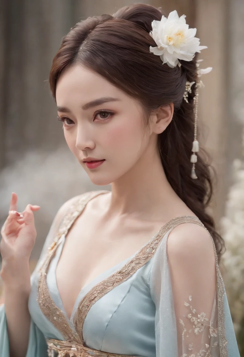 Best quality, Masterpiece,Upper body,(Background:sonoko),1 girl, Mature woman, Chinese style, Ancient China, sister, Dancer, Dark brown hair, Dark hair, Princess cut, Fried dough twisted braid, Coiled hair, Double ball head,Coiled hair,Streamers, Light pink lips, calm, Intellectual, Red eyes, nipple tassels, Silver, Beads,Peony flower, offcial dress, capes, Silk skirt, Embroidery, Fine face, facial closeups, Close-up of the hand,Light-colored clothes,Beautiful face,Photorealistic, rim lit, twotonelighting,(highdetailskin:1.2), 8K, Ultra HD, Digital SLR, Soft lighting, High quality, voluminetric lighting, photographed, high resolution, 4K, 8K, Bokeh