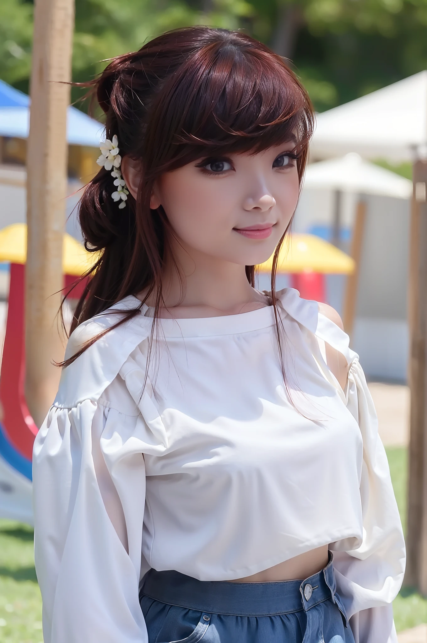 1female, beautiful face, standing feminine style, at the Playground, wearing off-shoulder shirt, hotskirt, love earrings, long bangs hair, full body, close up, little smile, ultra high quality, Masterpiece
